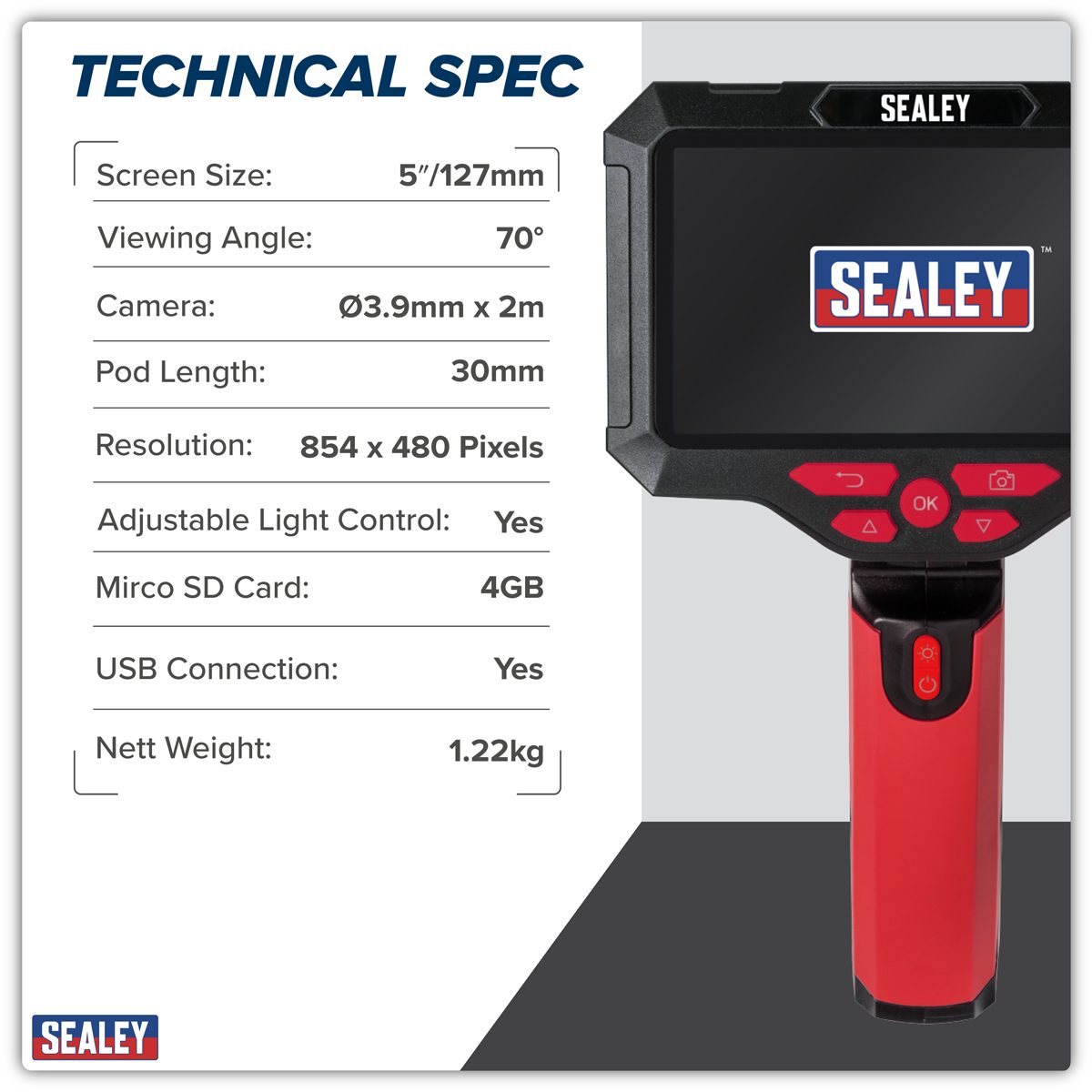 Sealey Video Borescope VS8117 3.9mm Camera & 5" Screen