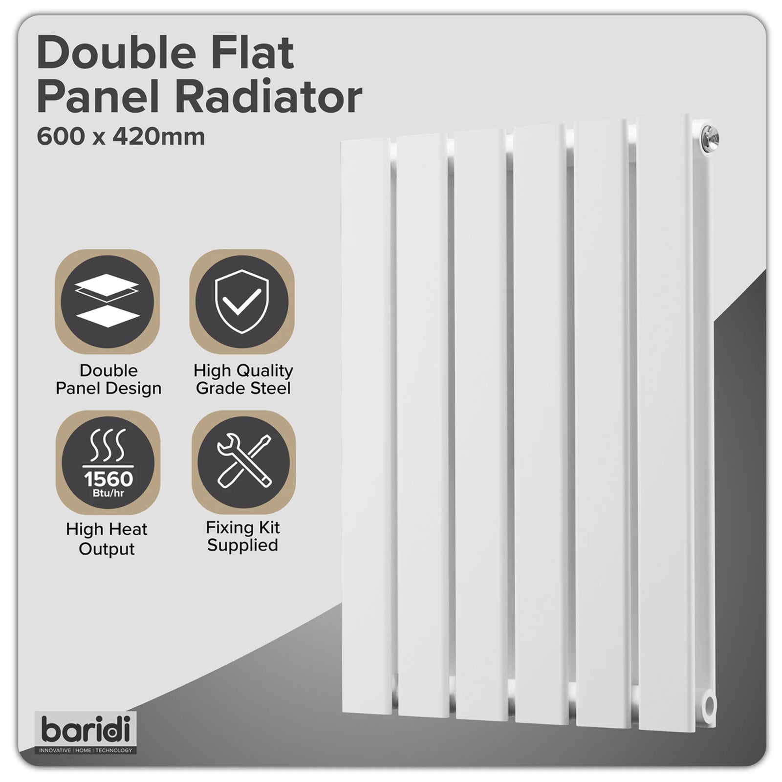 Baridi Horizontal Radiator 600 x 420mm Double Flat Panel White