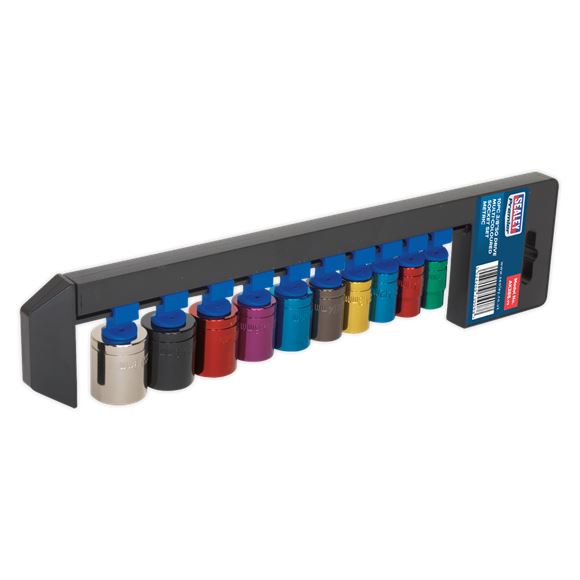 Sealey Premier 10pc 3/8" Drive Multi Coloured Hex Socket Set 10-19mm WallDrive