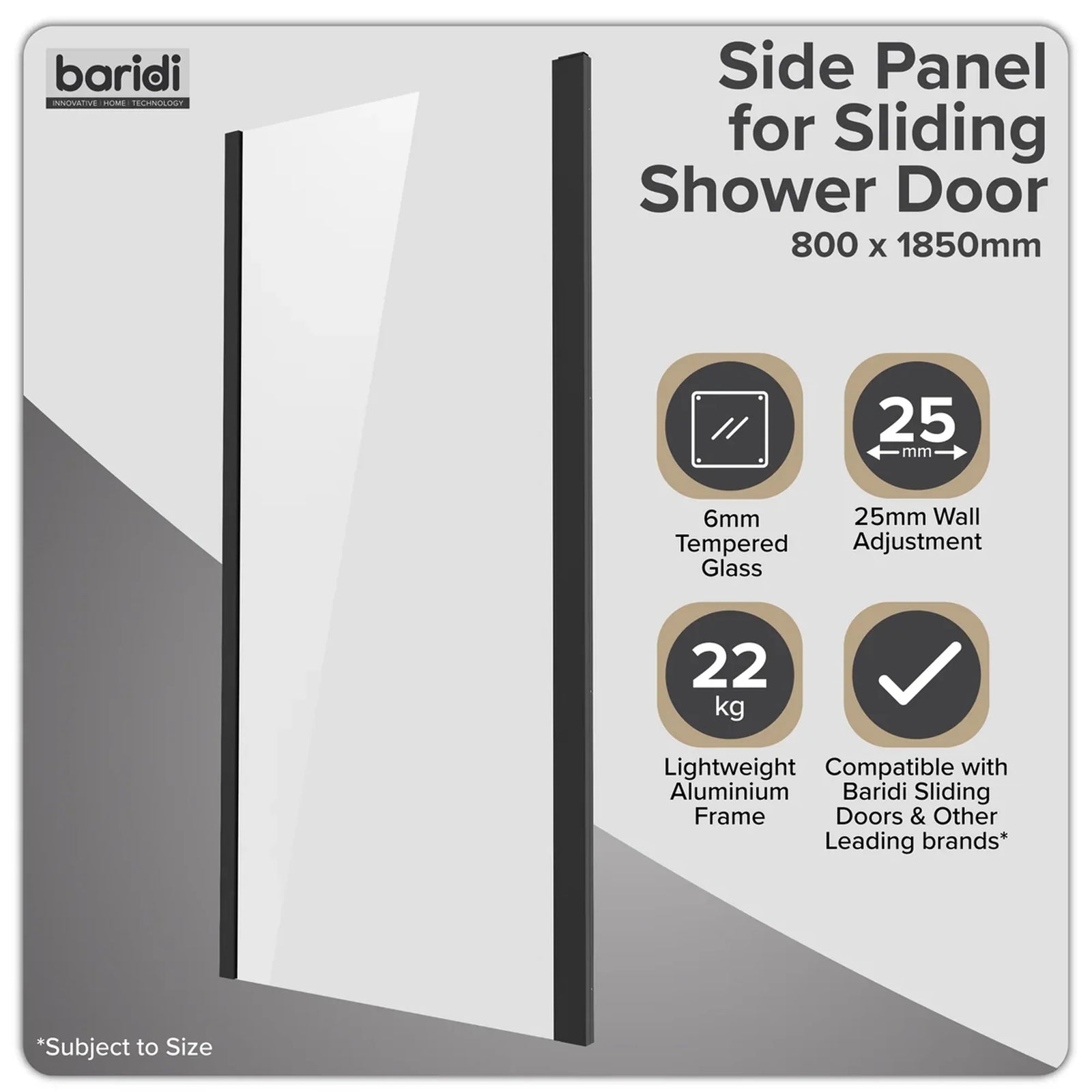 Baridi Side Panel 80x185cm 6mm Tempered Glass - Black