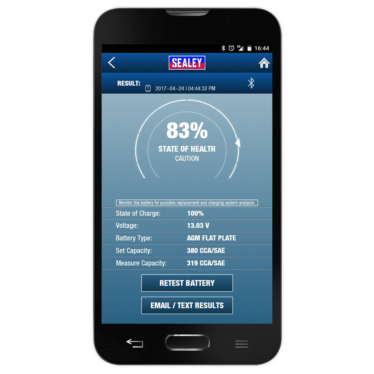 Sealey Bluetooth Battery Tester Charging Tests from Smartphone Waterproof BT3000