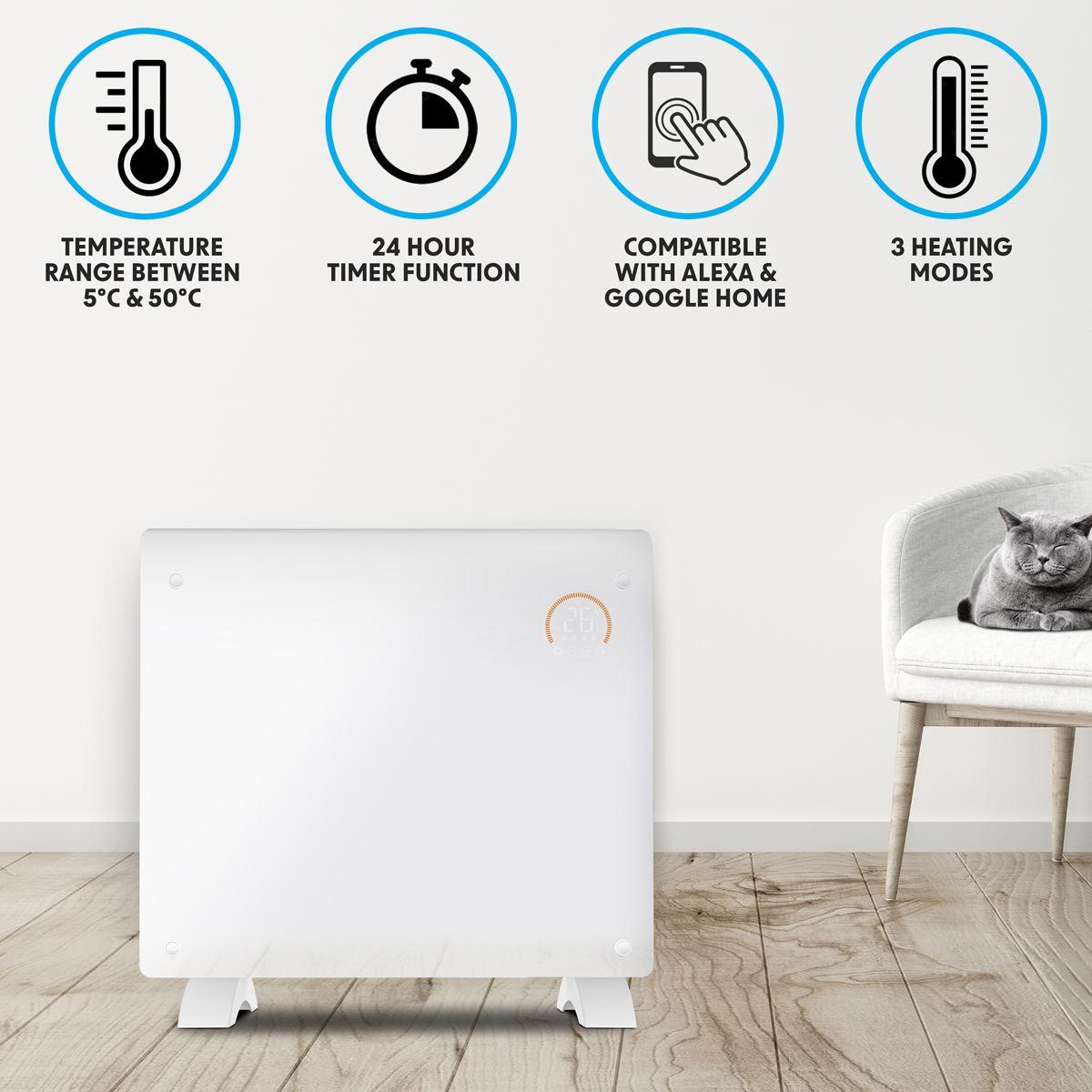 Baridi 1000W Electric Glass Panel Heater with 24/7 Timer, Remote Control & Wi-Fi - White
