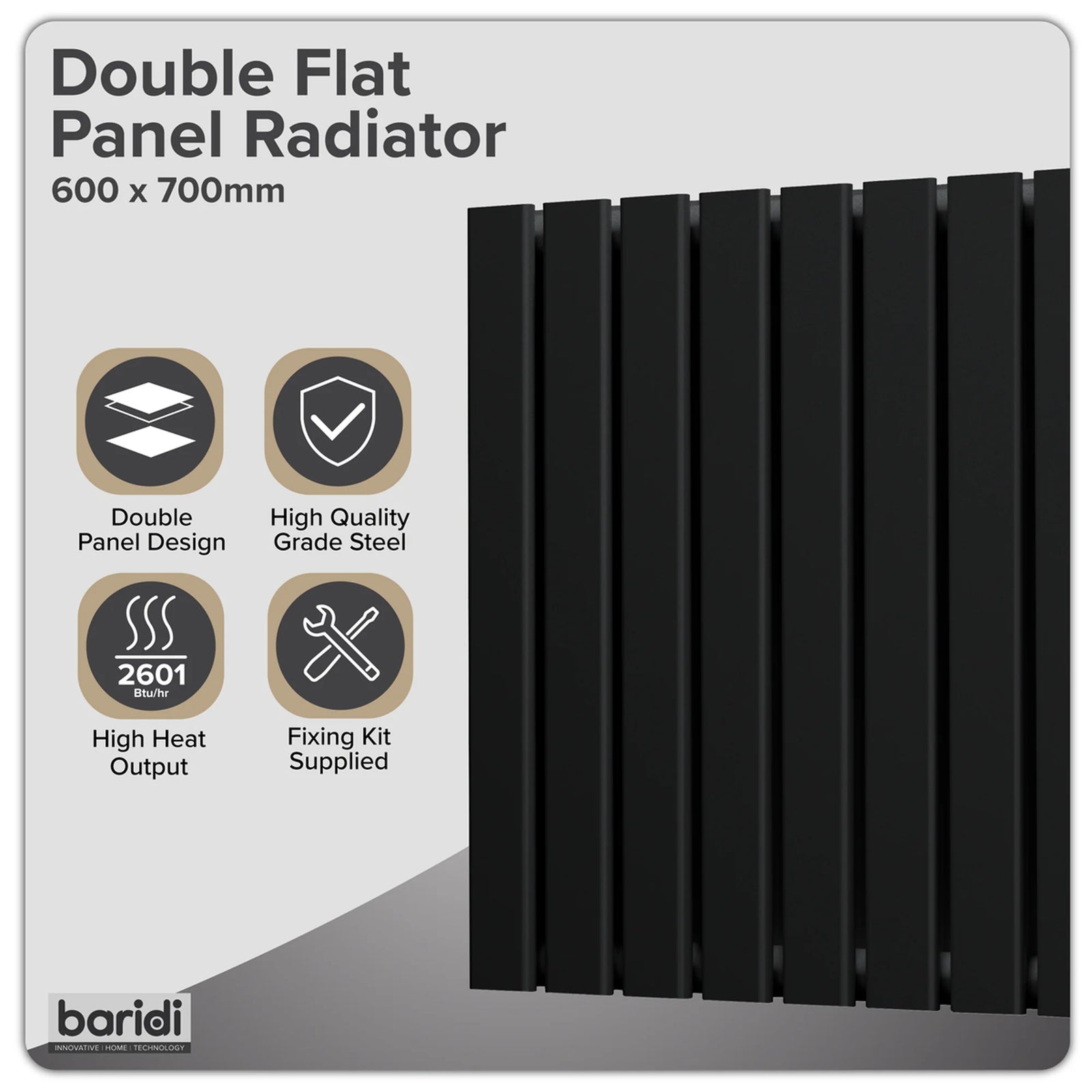 Baridi Horizontal Radiator 600 x 700mm Black DH345