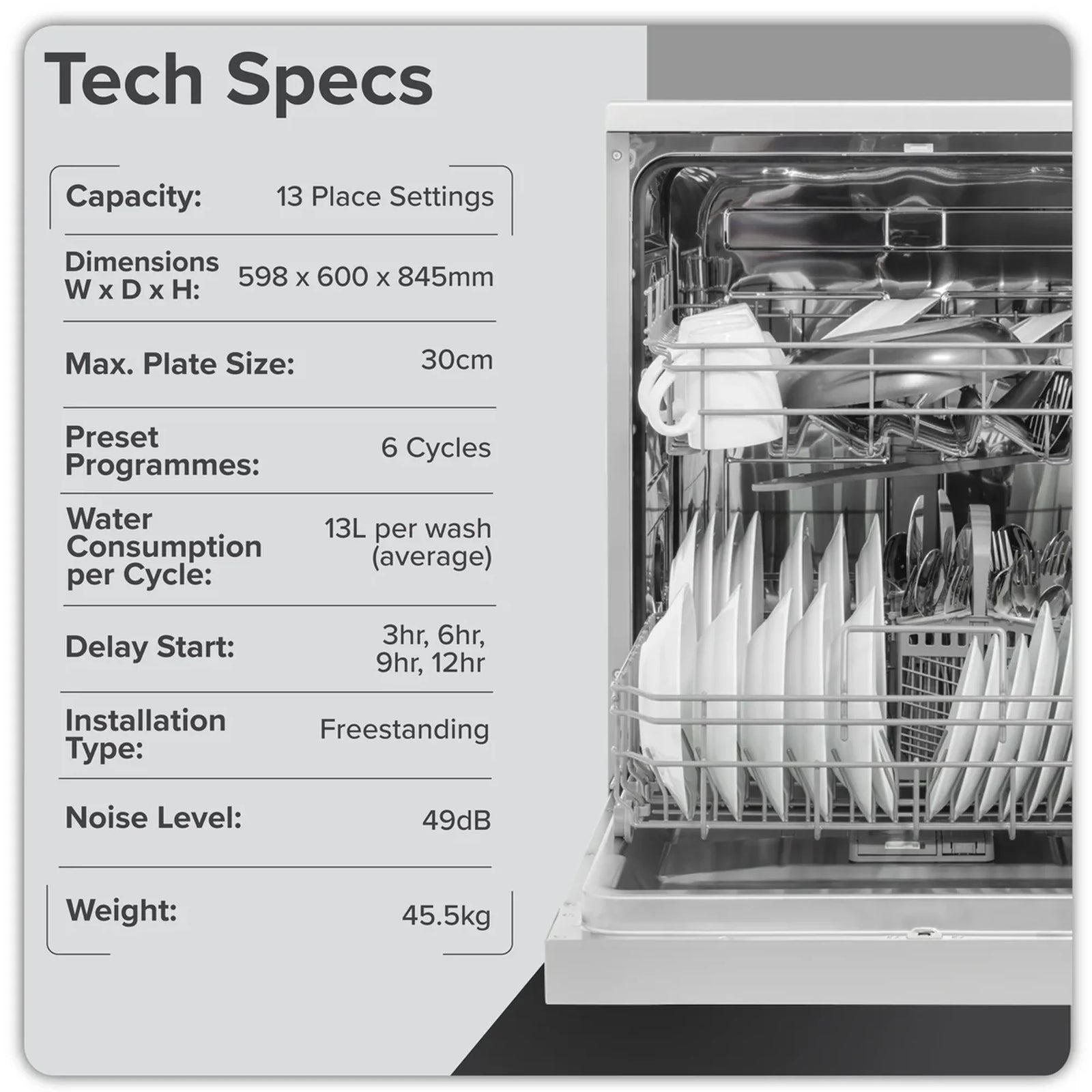 Baridi Freestanding Dishwasher DH280 60cm 13 Place Settings Silver