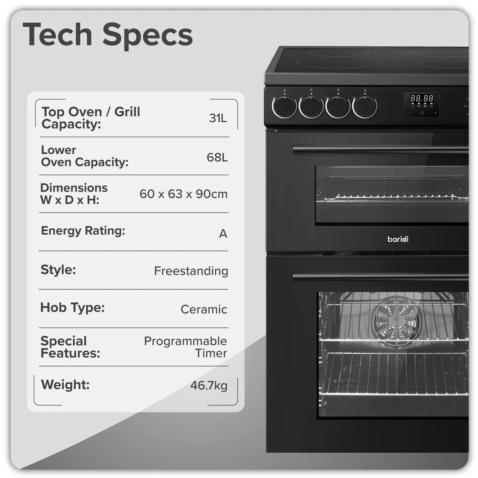 Baridi Freestanding Cooker DH429 60cm 99L Double Cavity - Black