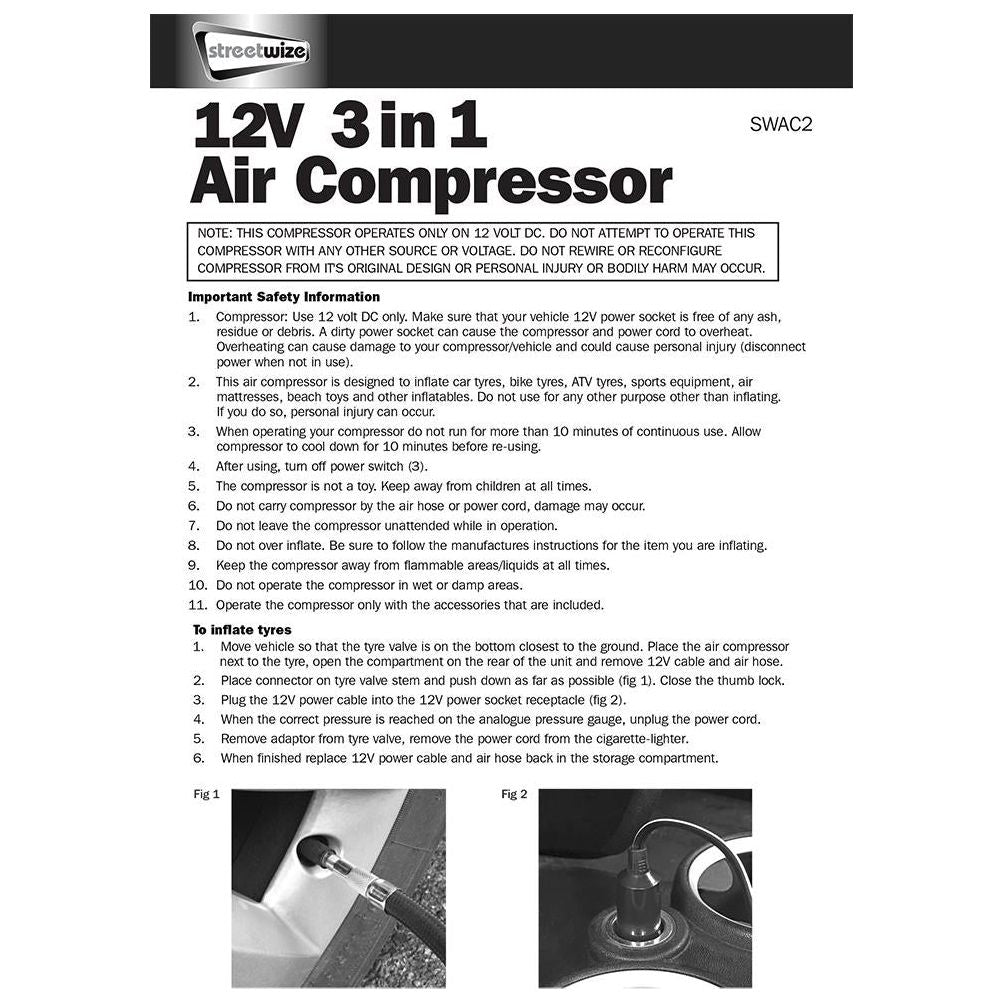 Streetwize Tyre Inflator - 12V - Compressor With Gauge & Light - 0-260 PSI