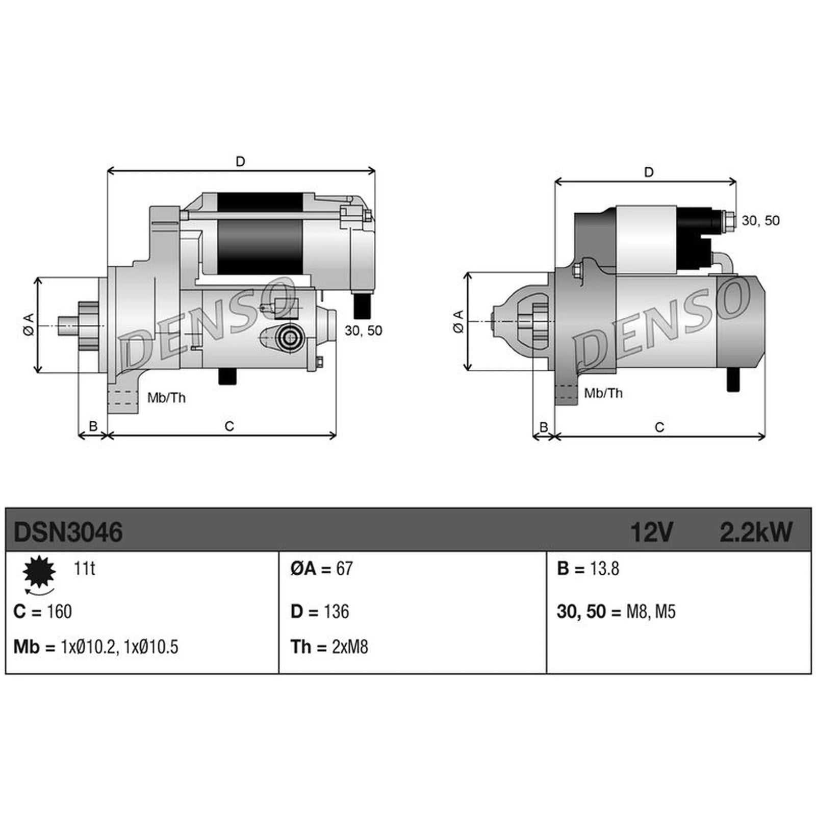 Denso Starter Motor 12V 2.2kW 11 Teeth DSN3046