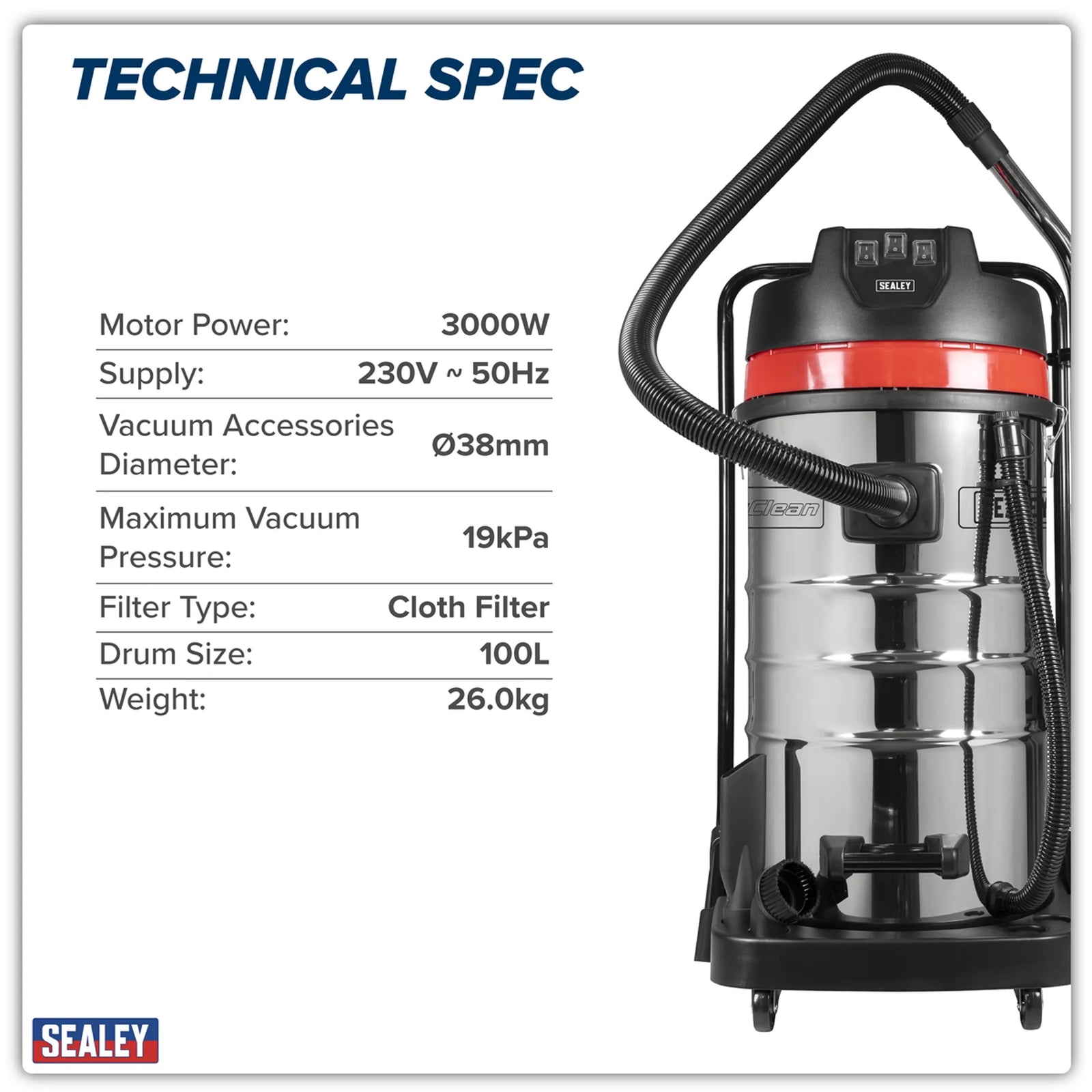Sealey Vacuum Cleaner Wet & Dry 100L 3000W Stainless Steel Drum
