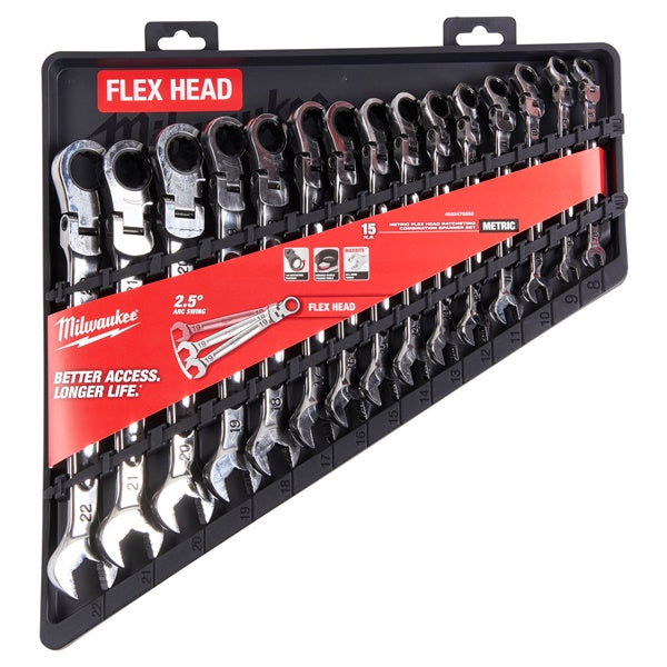 Milwaukee MAX BITE metric flexible head ratcheting combination spanner 15 set
