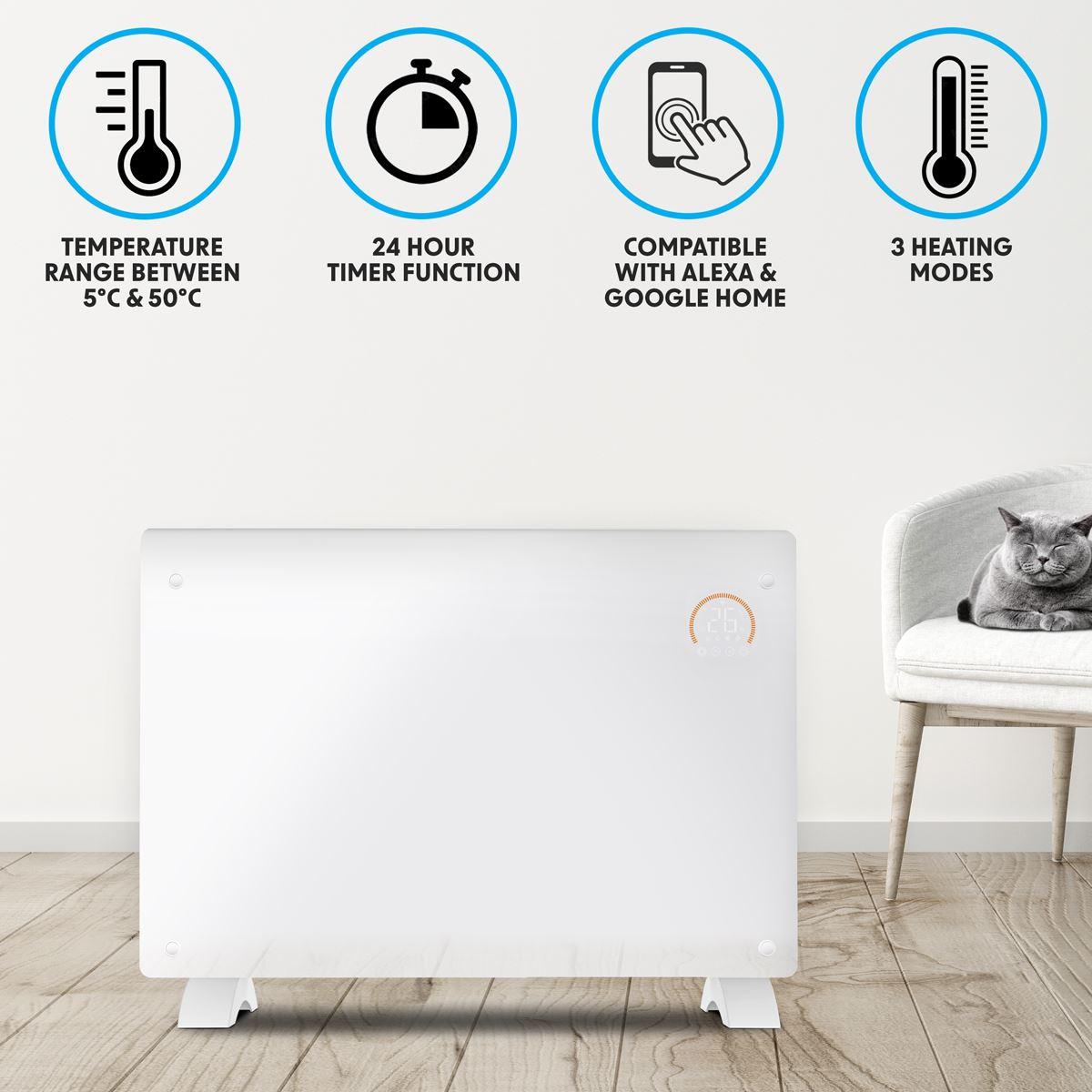 Baridi 2000W Electric Glass Panel Heater with 24/7 Timer, Remote Control & Wi-Fi - White