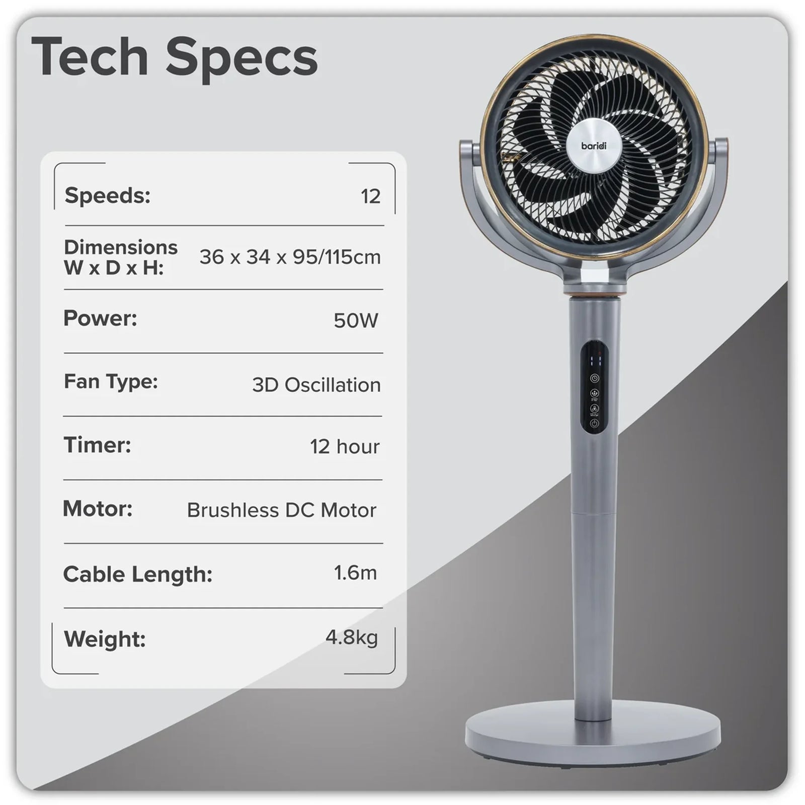 Baridi Pedestal Fan DH264 12" with Remote & Timer - Grey