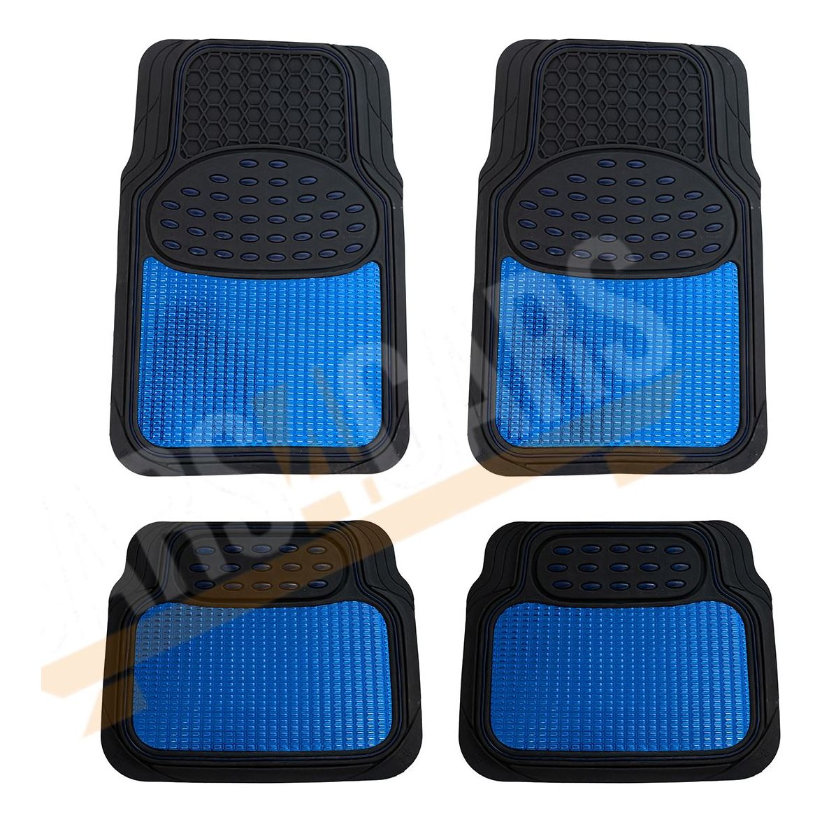 Shiney Blue Metallic Checker Style Car Heavy Duty Black Rubber Set of 4 Mats Set