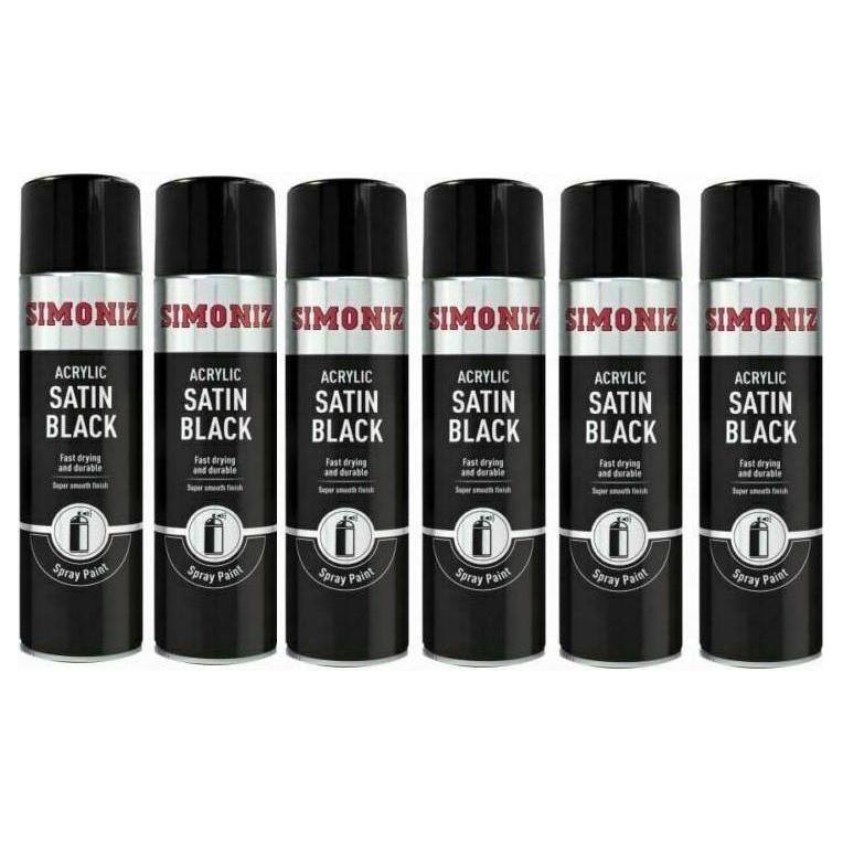 6x Simoniz Large Satin Black Acrylic Aerosol Car Spray Paint 500ml SIMP16D