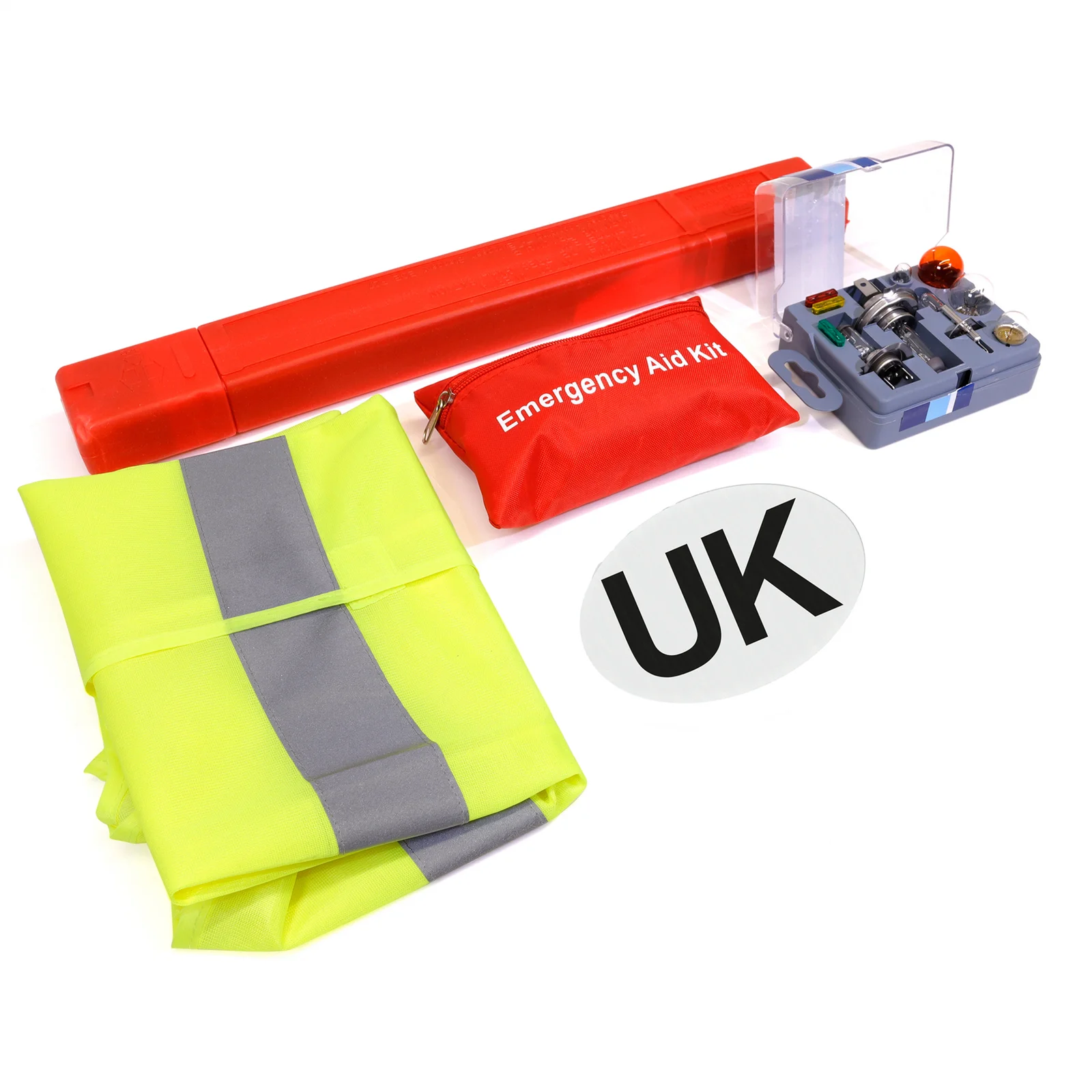 European Breakdown Emergency Travel Kit Triangle Vest Bulb Kit UK Sticker