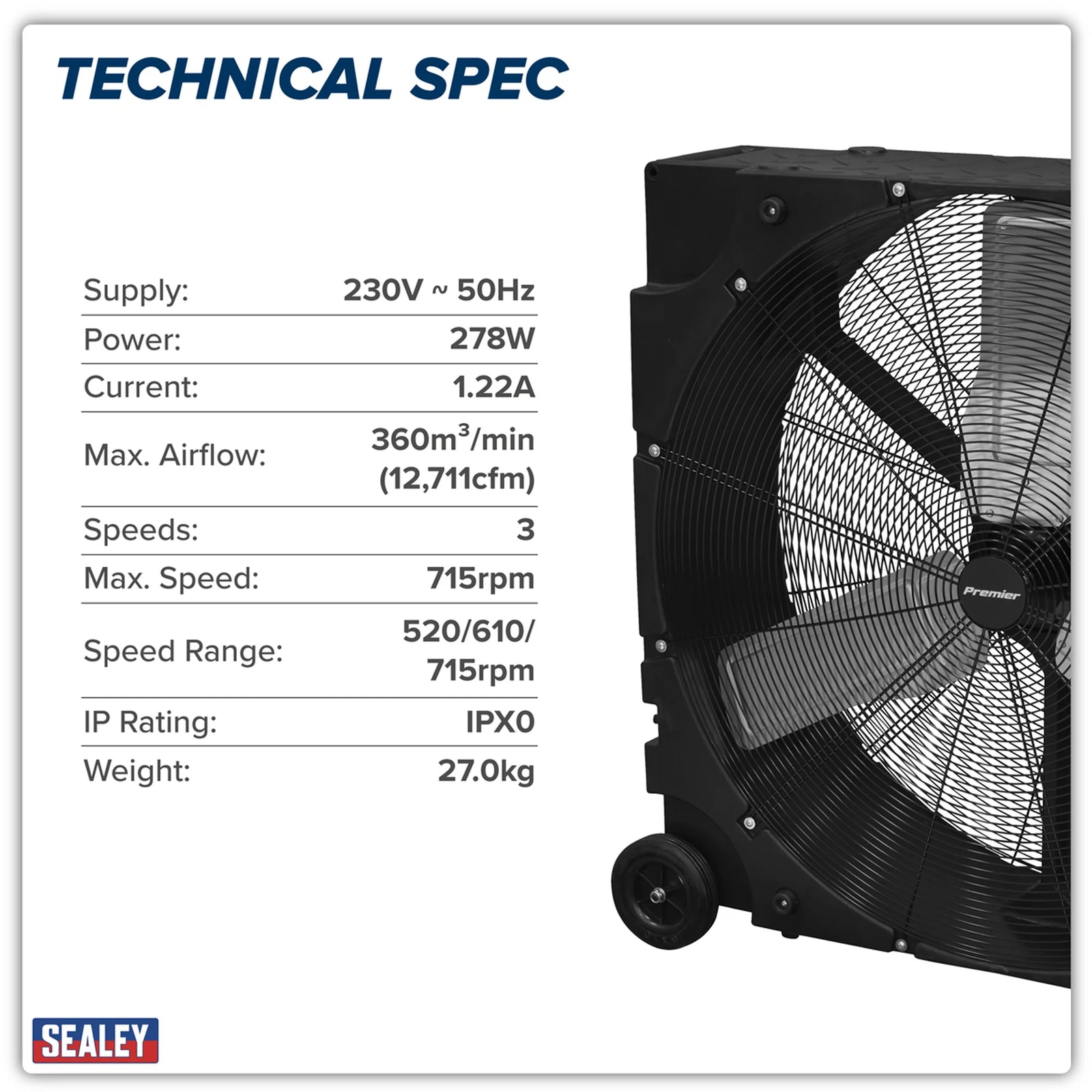 Sealey Premier 36" Industrial High Velocity Drum Fan 278W 3-Speed