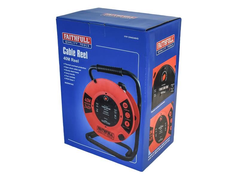 Faithfull Power Plus Open Cable Reel 240V 40m 13A 4 Socket (1.25mm Cable)