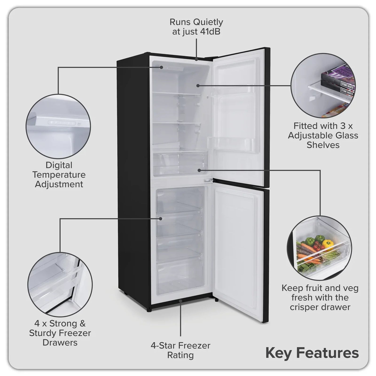 Baridi 50/50 Smart Frost Fridge Freezer 254L Capacity - Black