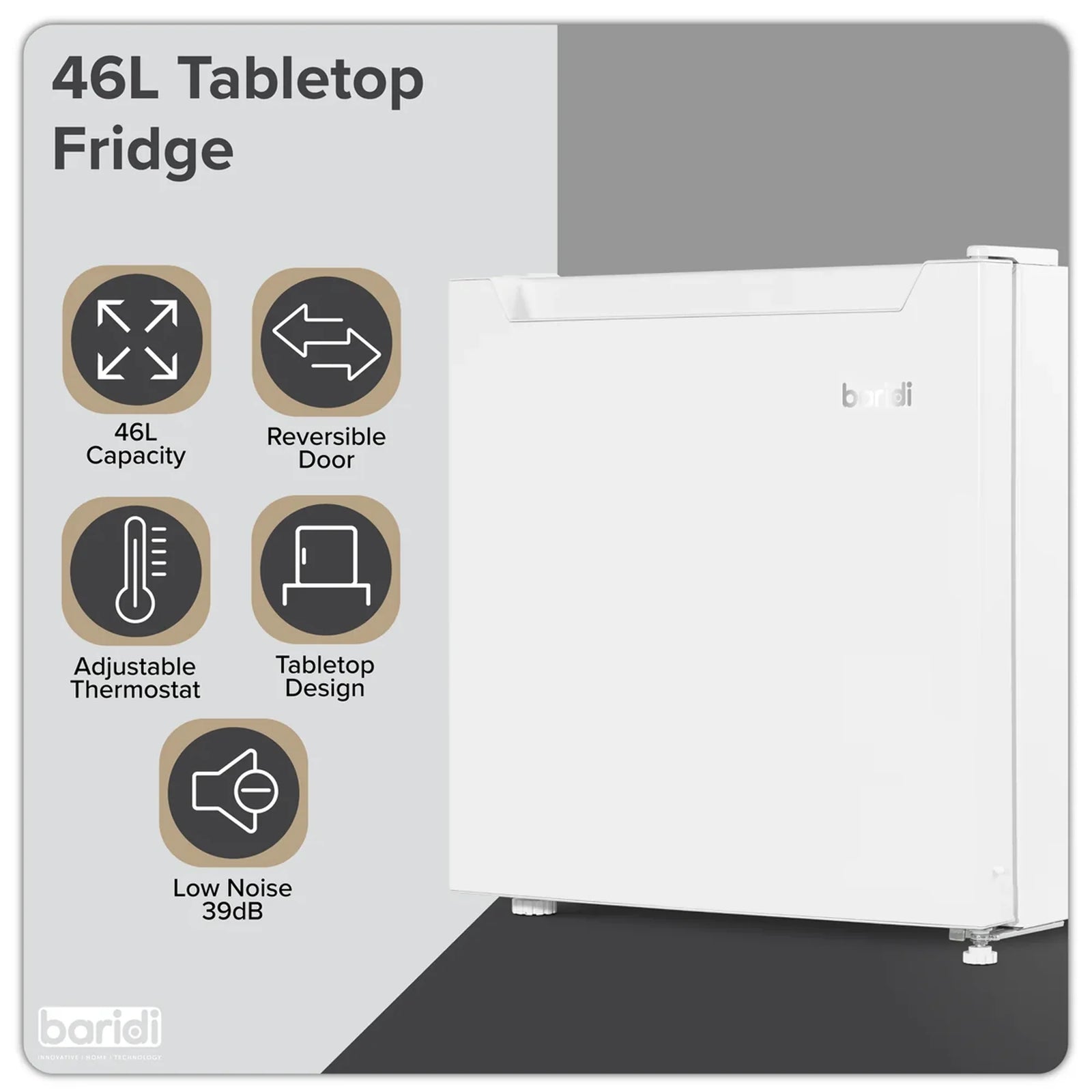 Baridi Tabletop Fridge DH256 46L Capacity Adjustable Thermostat - White