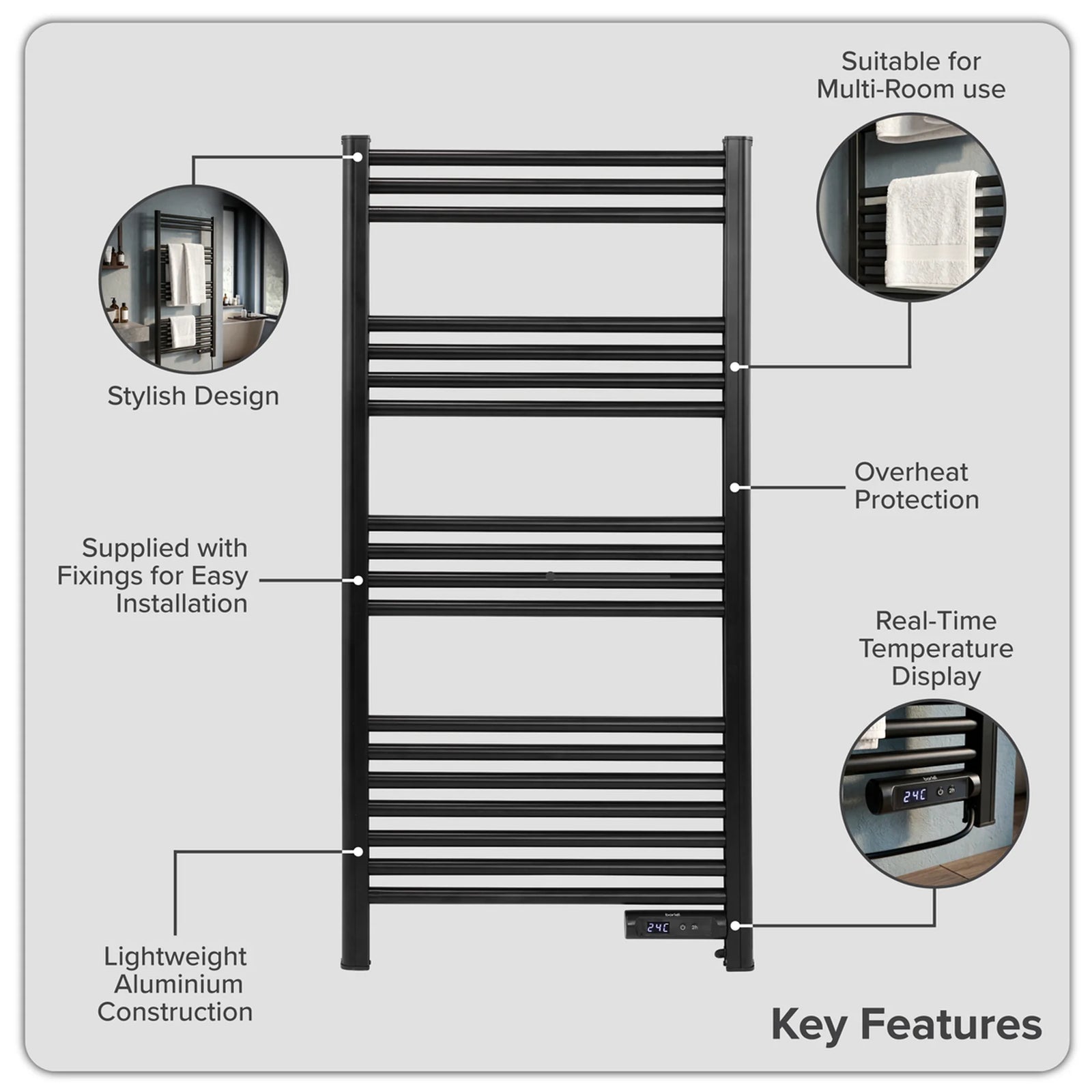Baridi Electric Heated Towel Rail 425W 1085 x 535mm Black