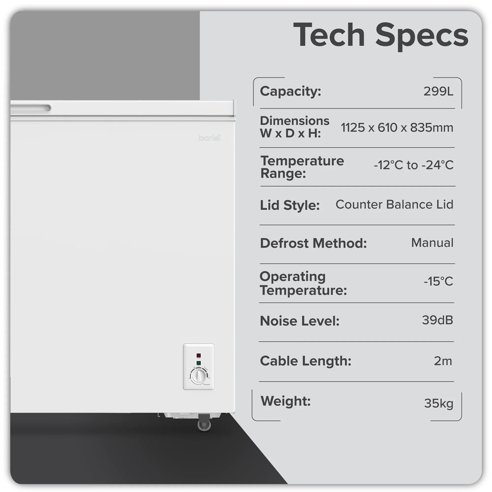 Baridi Chest Freezer DH260 299L Capacity - White