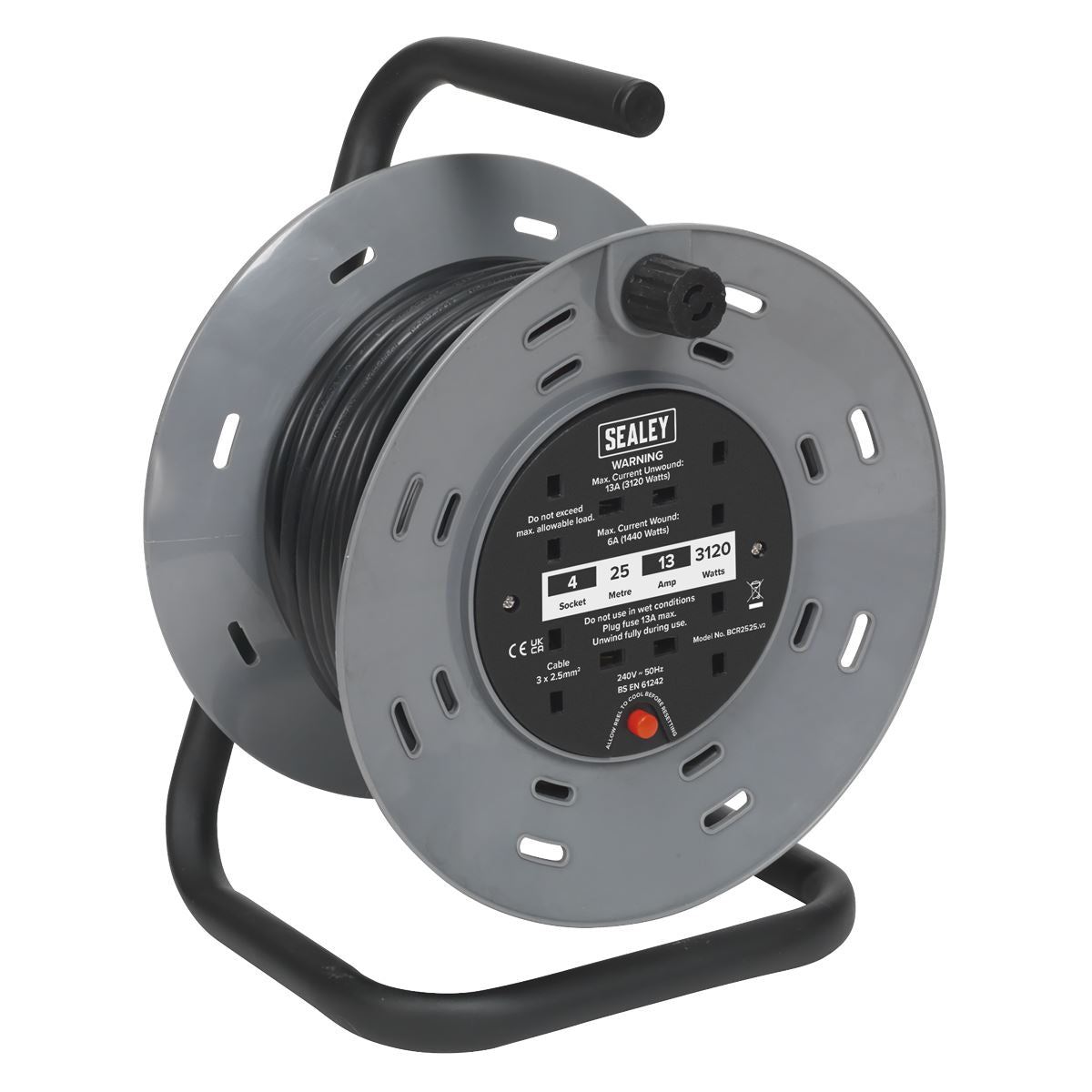 Sealey Cable Reel 25m 4 x 230V 2.5mmï Thermal Trip BCR2525