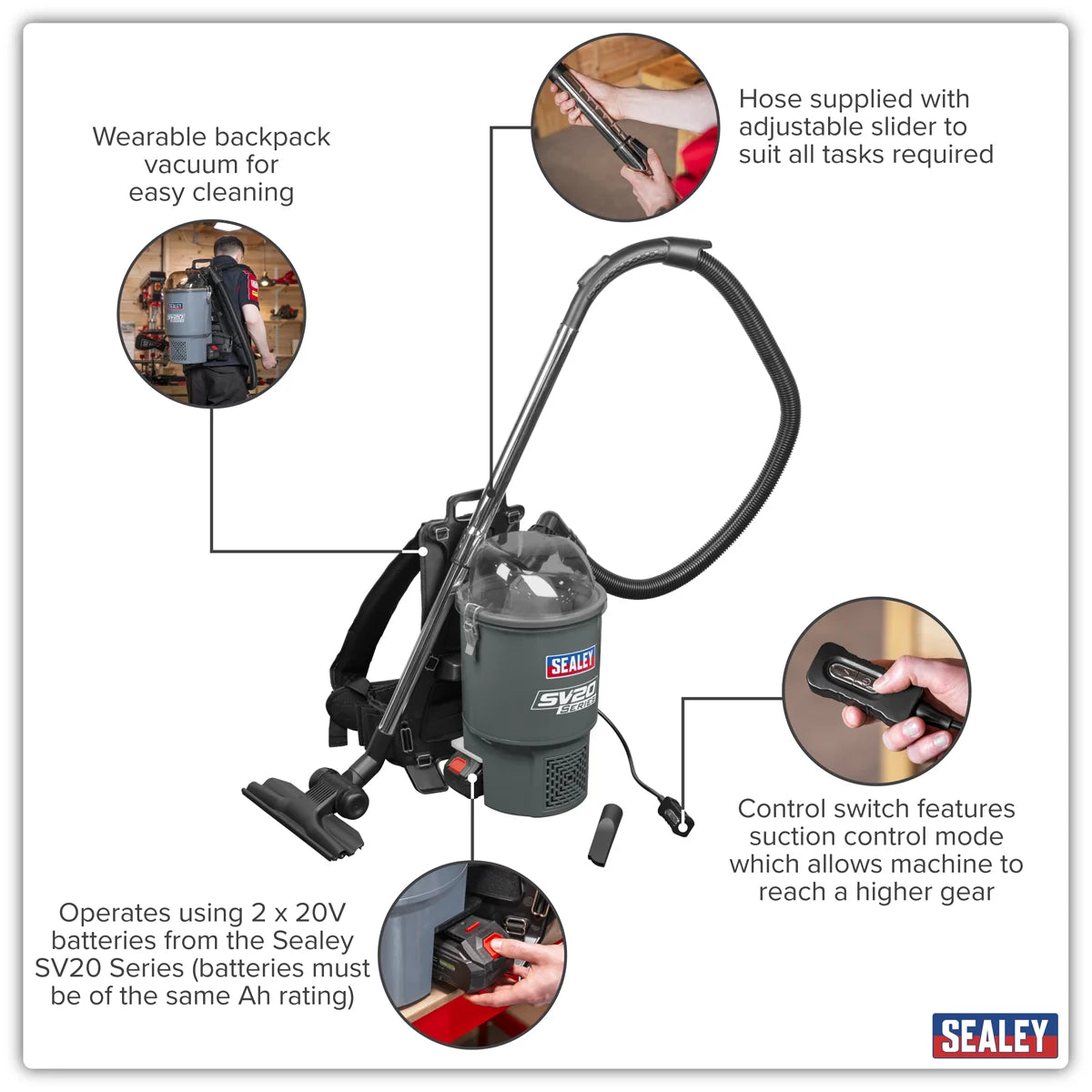 Sealey SV20 Series Backpack Vacuum Cleaner 40V - Body Only