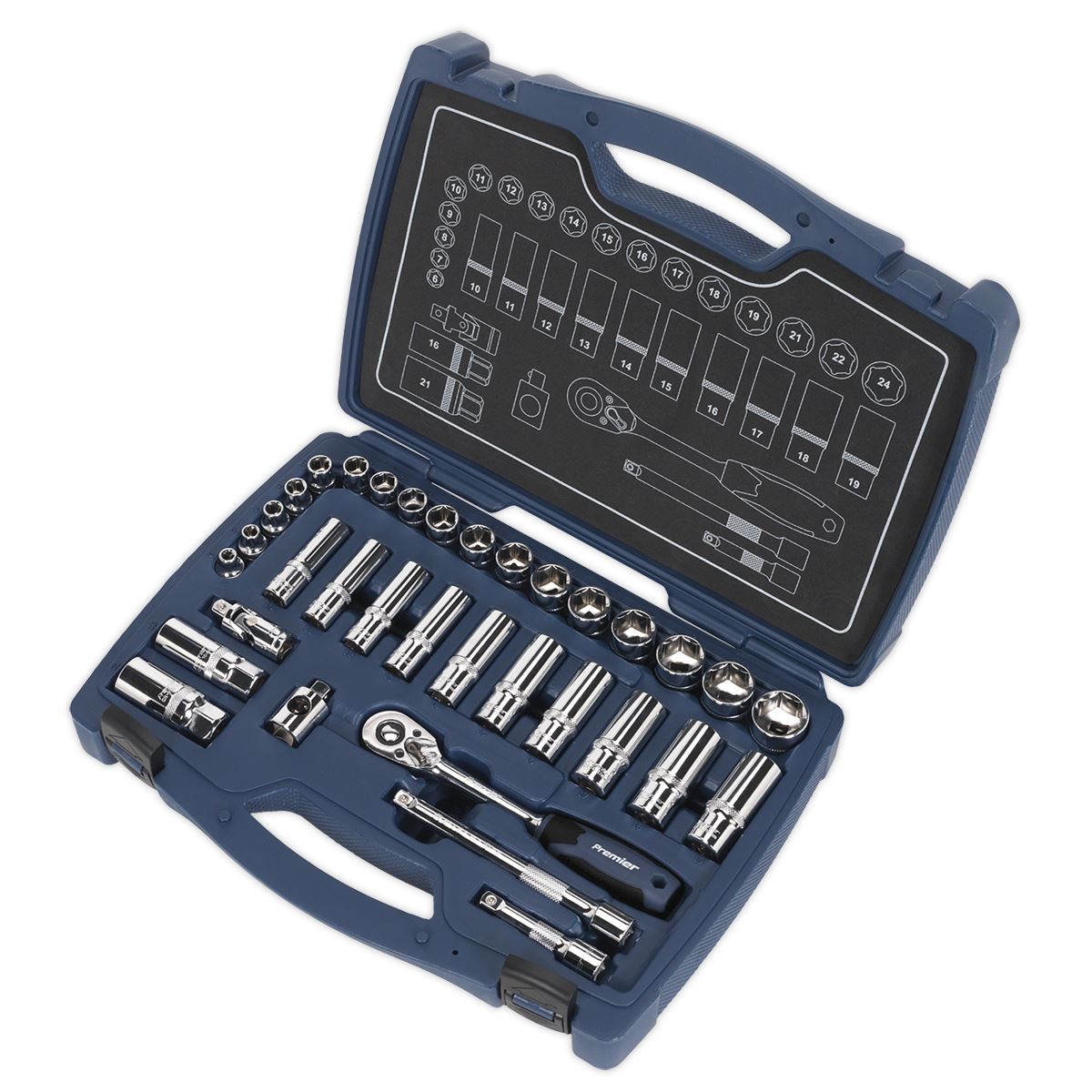 Sealey Premier Socket Set 34pc 3/8" Drive Metric WallDrive Ratchet Extension Bar