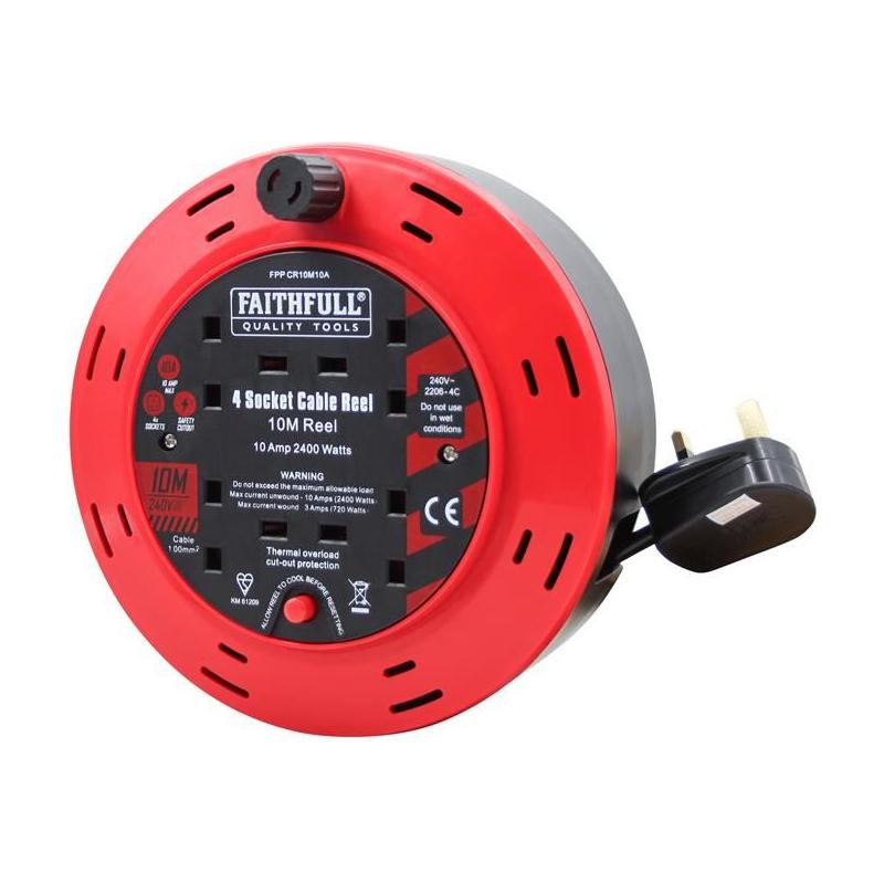 Faithfull Power Plus Cable Reel 240V 10A 4-Socket 10m
