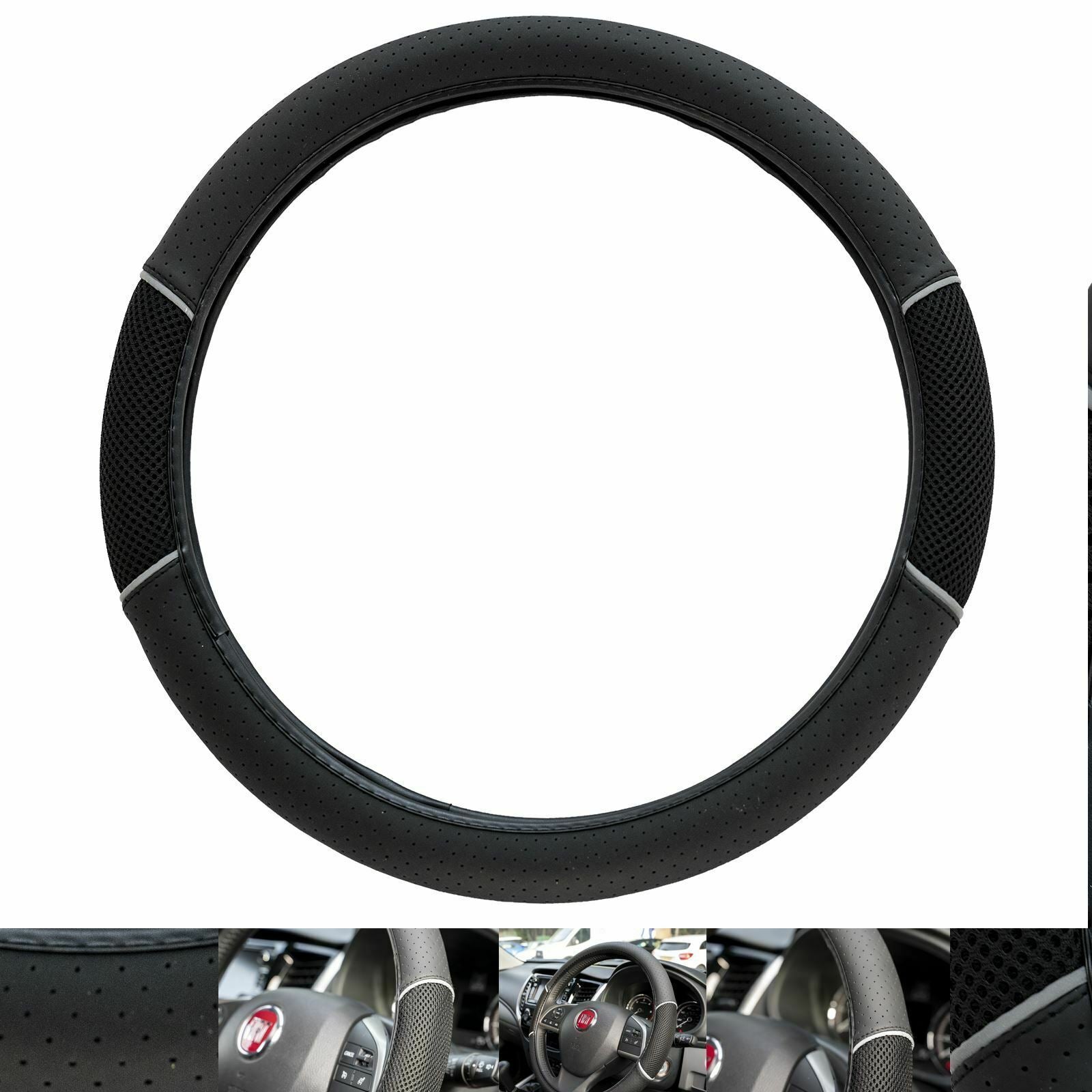 Car Steering Wheel Cover/Glove Universal Soft Grip Black Faux Leather/Black Mesh