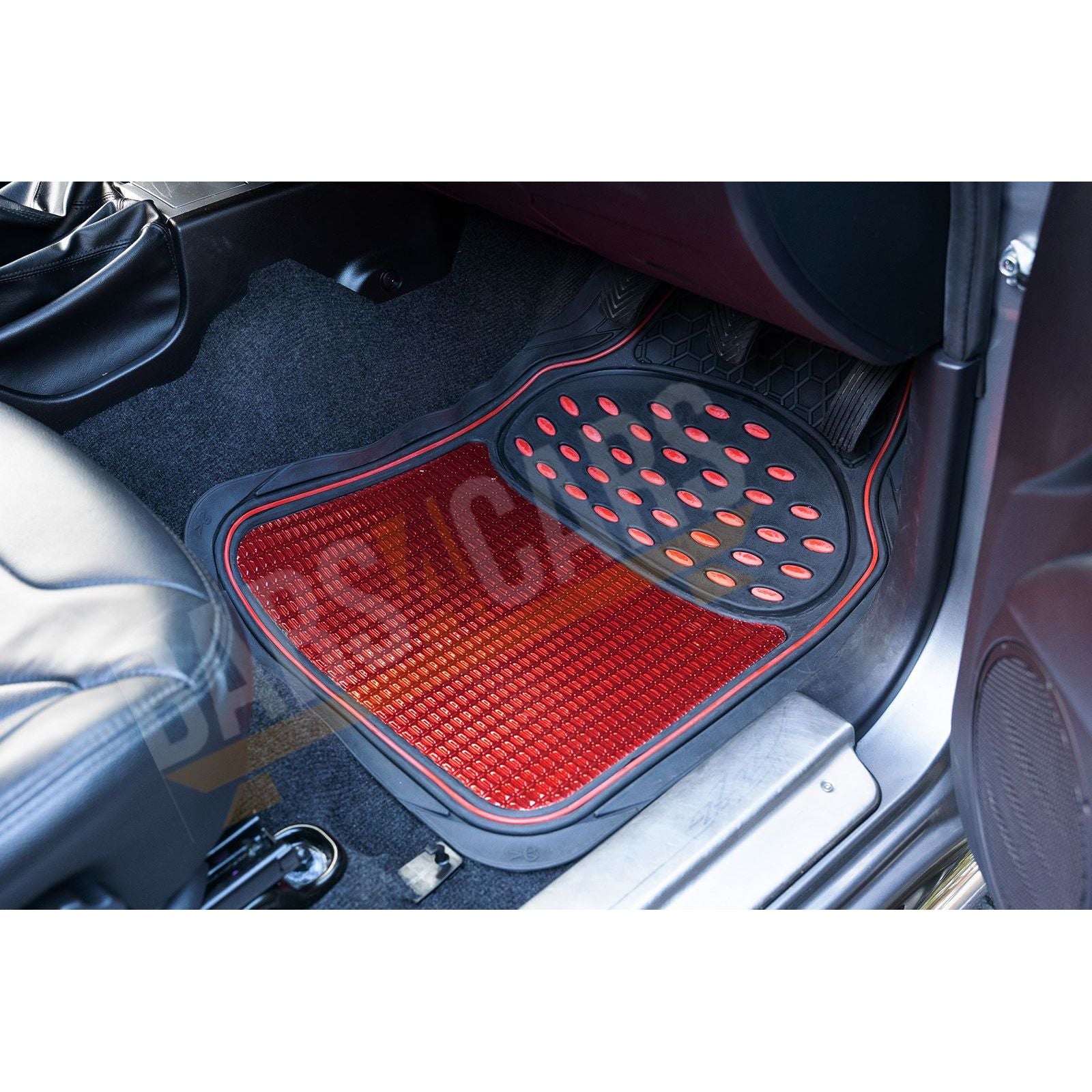 Shiney Red Metallic Checker Style Car Heavy Duty Black Rubber Set of 4 Mats Set