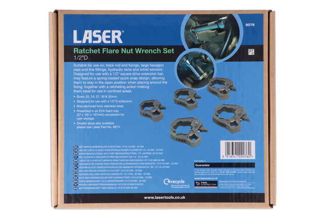 Laser Ratchet Flare Nut Wrench Set 1/2"D 22mm - 32mm