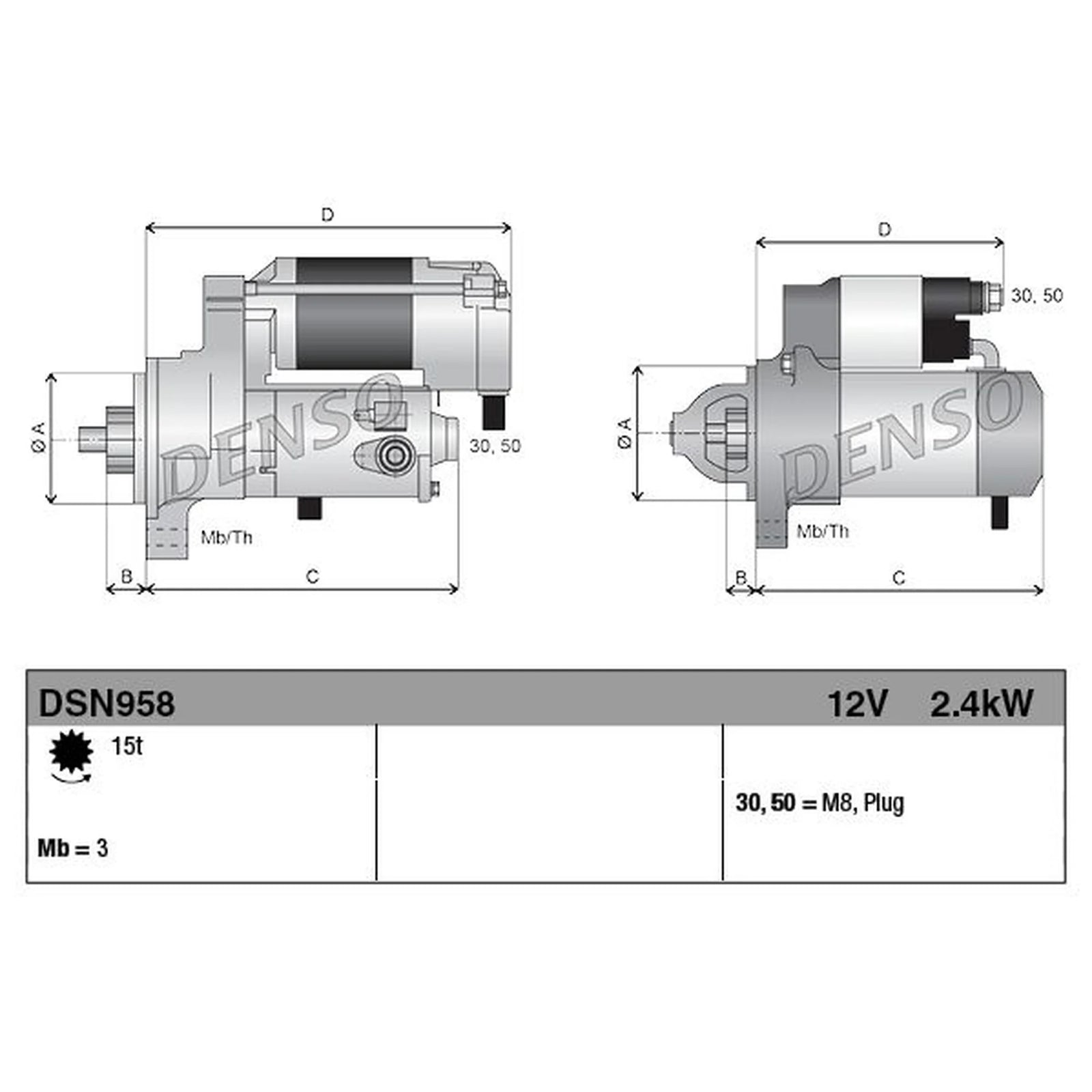Denso Starter Motor 12V 2.4kW 15 Teeth DSN958