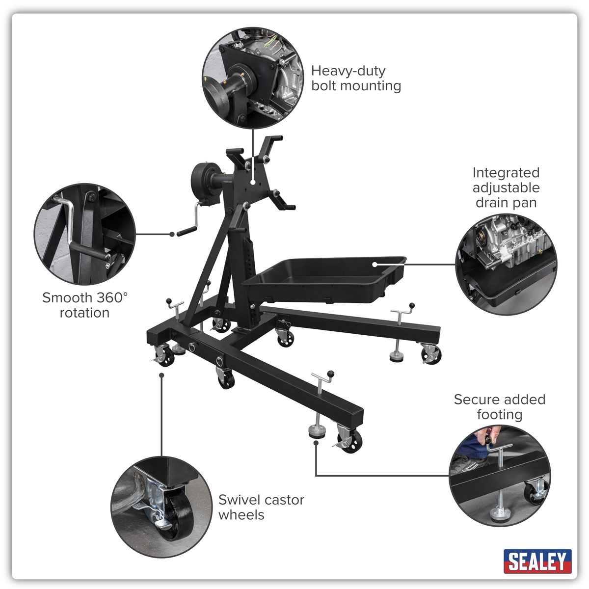 Sealey Viking Folding Engine Stand ES680DS 680kg Capacity with Drain Pan