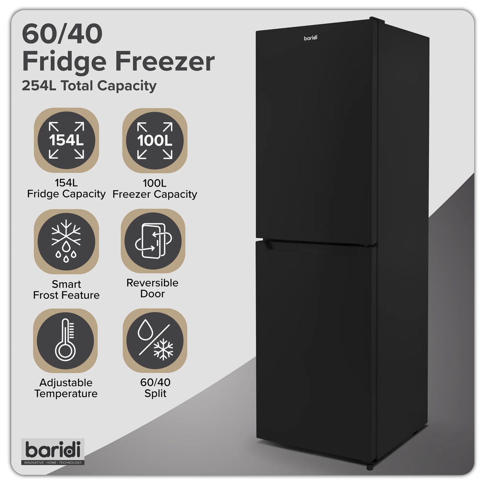 Baridi 50/50 Smart Frost Fridge Freezer 254L Capacity - Black