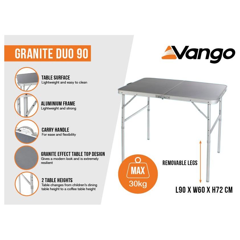 Vango Granite Duo 90 Height Adjustable Folding Camping Table