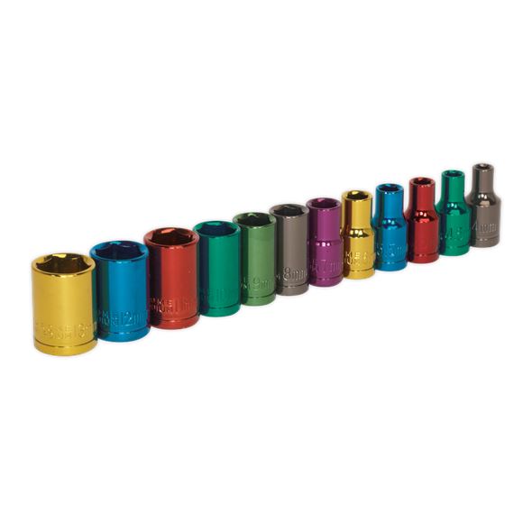 Sealey 12pc 1/4" Drive Multi Coloured Hex Socket Set 4-13mm WallDrive