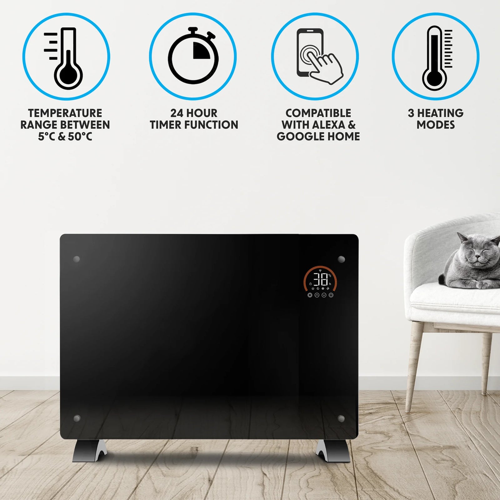 Baridi Electric Glass Panel Heater 2000W Wi-Fi Enabled Black