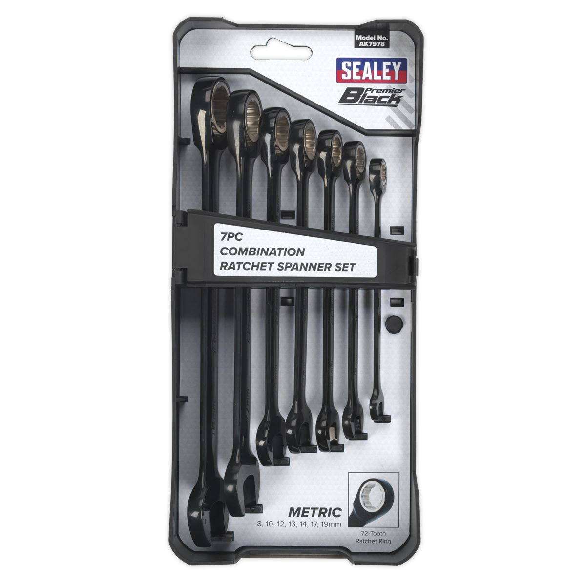 Sealey Premier Black Series 7pc Ratchet Combination Spanners Set 72 Tooth 8-19mm