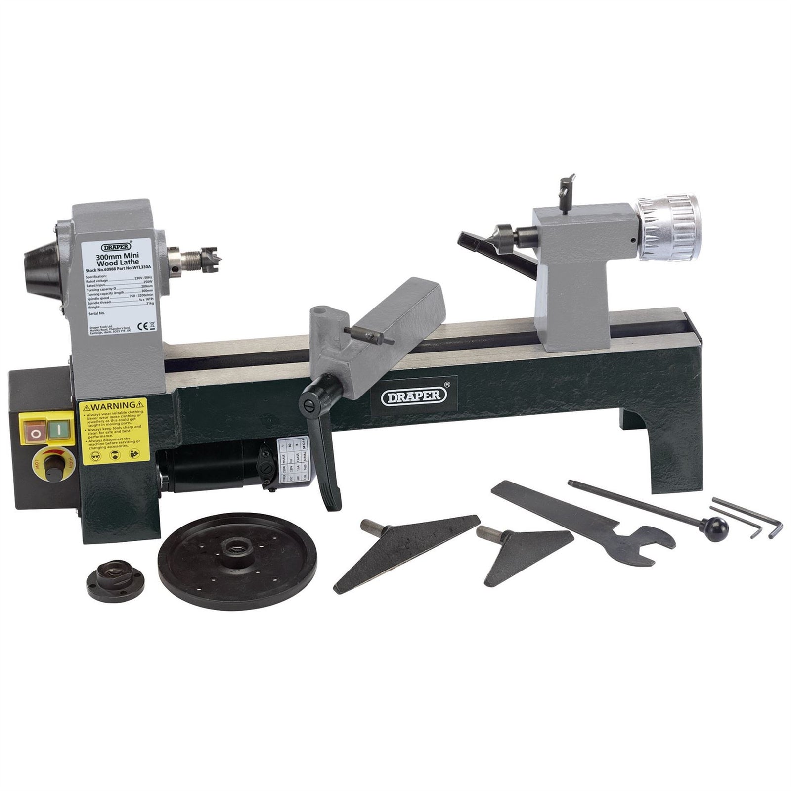 Draper Variable Speed Mini Wood Lathe, 250W 60988