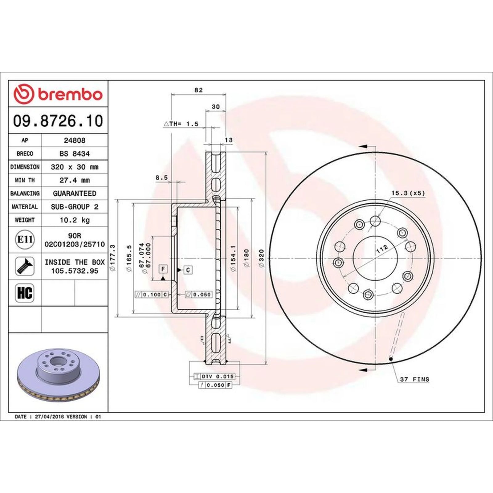 Brembo 2 x Internally Vented Brake Discs fits Mercedes-Benz S-Class 1991-1999