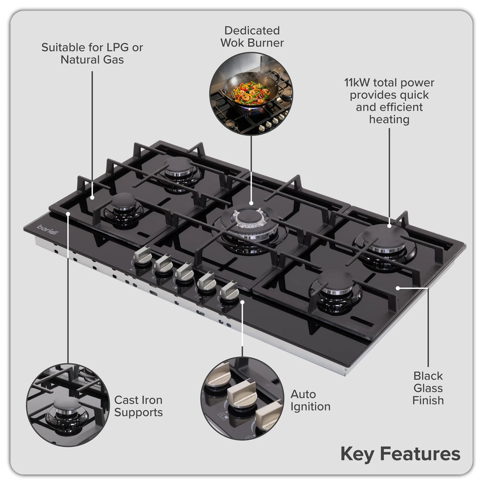 Baridi Gas Hob DH383 90cm with 5 Burners & 11kW Power