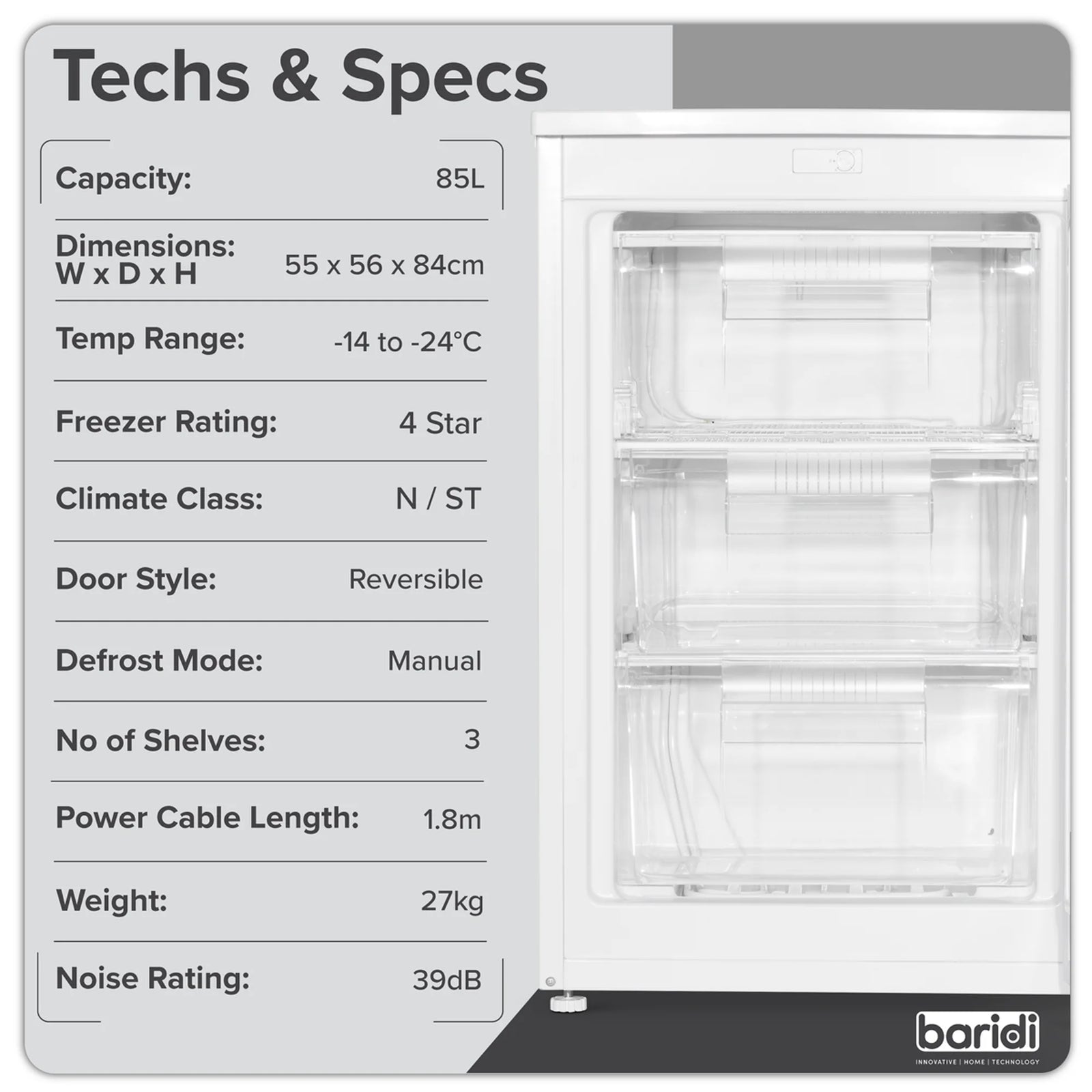 Baridi Undercounter Freezer DH250 85L - White