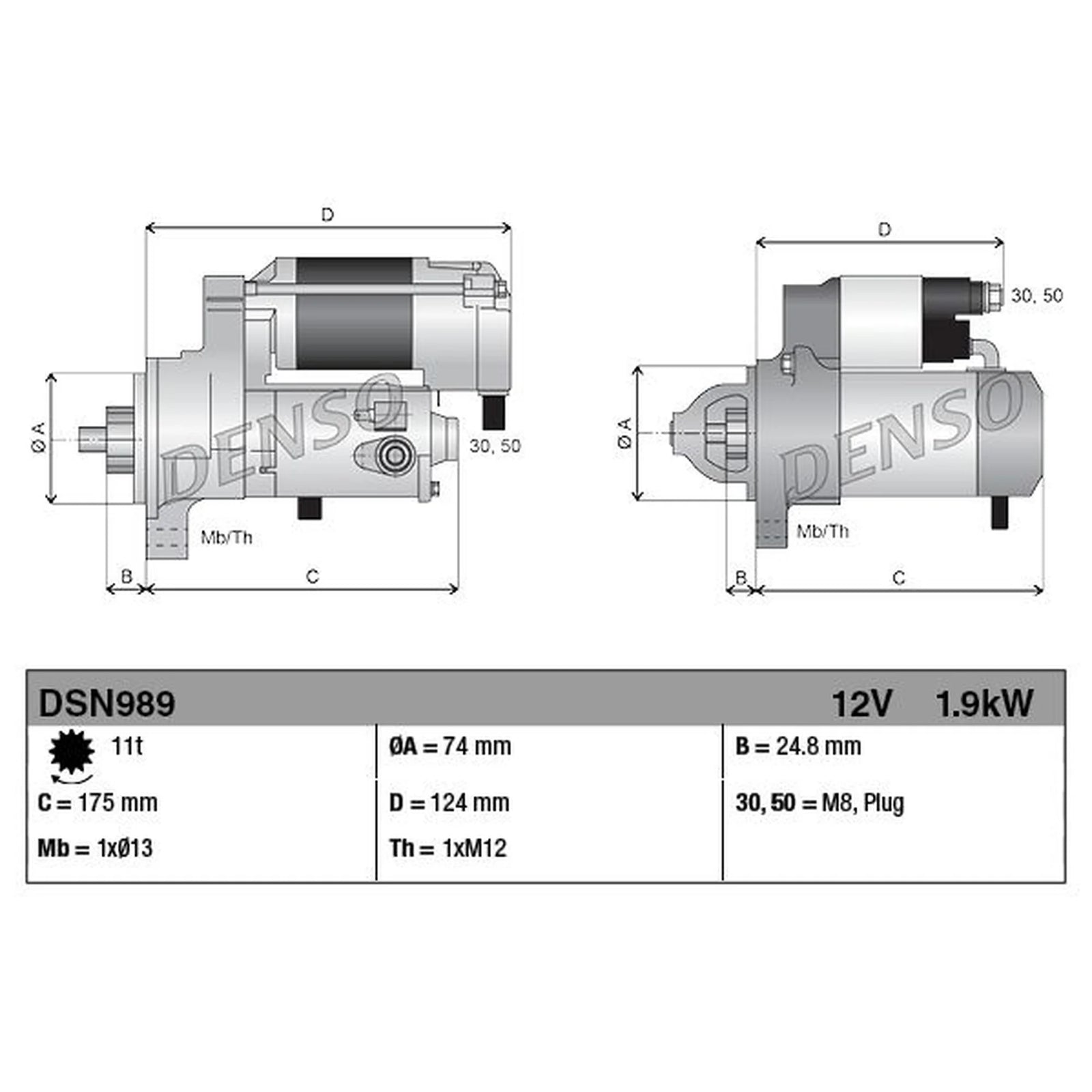 Denso Starter Motor 12V 1.9kW 11 Teeth DSN989