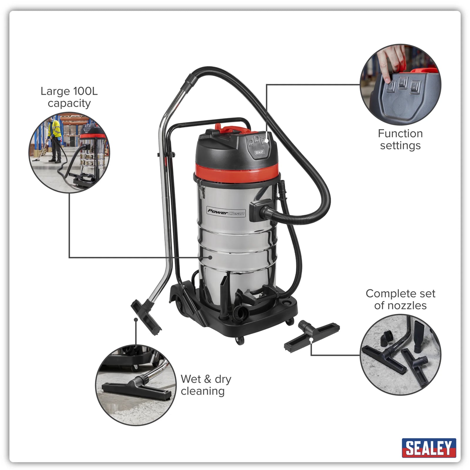 Sealey Vacuum Cleaner Wet & Dry 100L 3000W Stainless Steel Drum