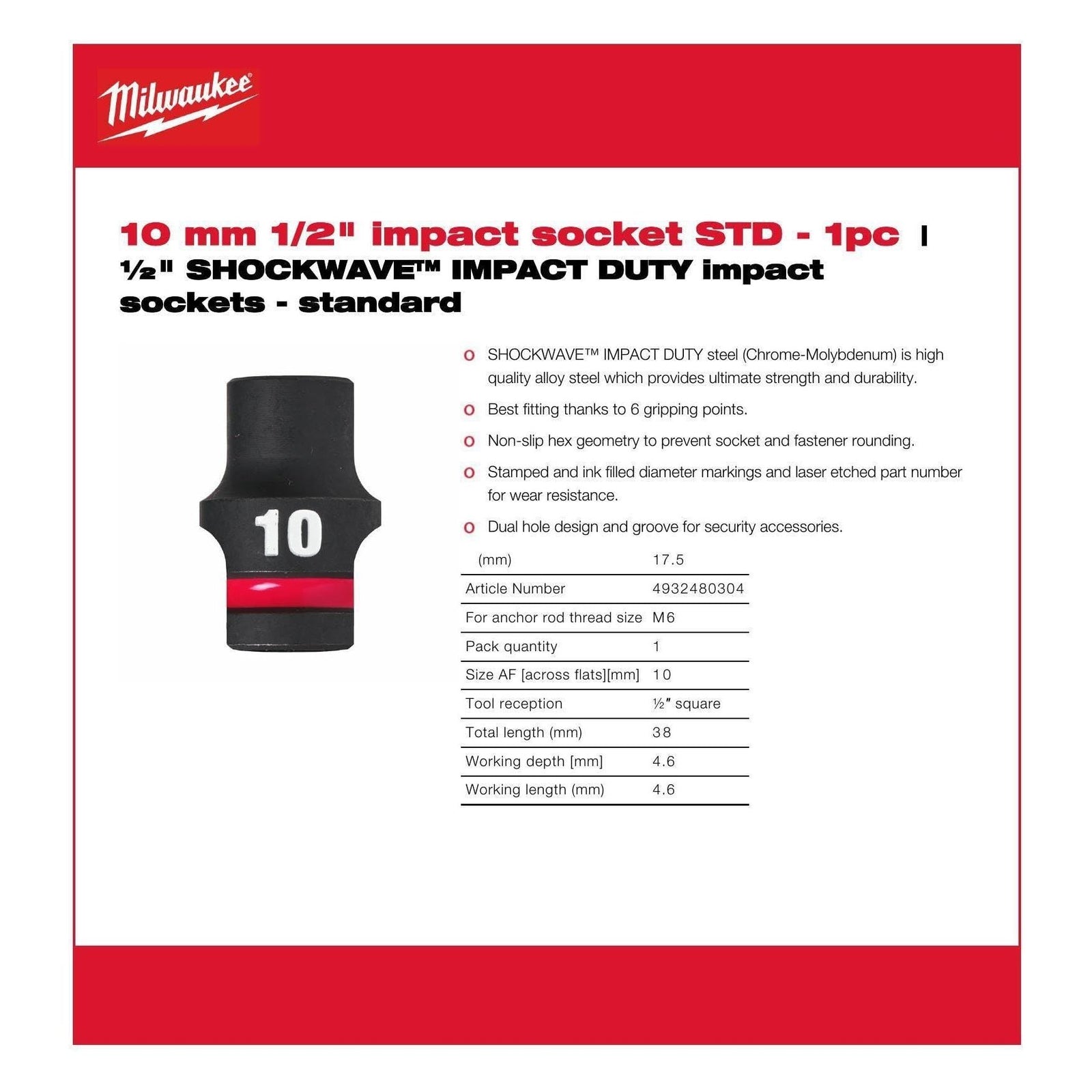 Milwaukee Hex Socket Shw 1/2 Std 10mm-1Pc 4932480304