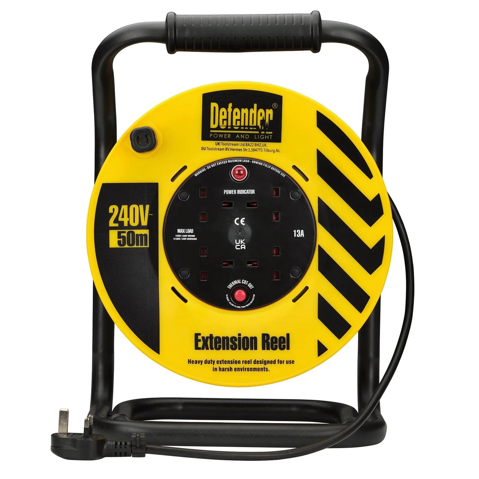 Defender 4-Way Industrial Cable Extension Reel 50m E86515