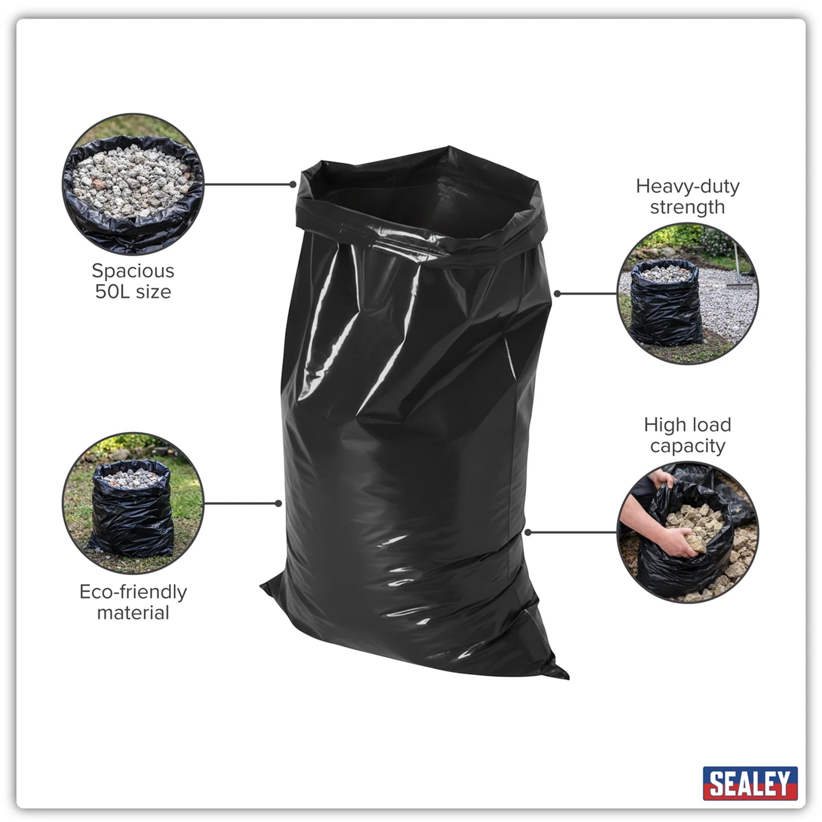 Sealey Rubble Sacks 50L - Pack of 100, 25kg Capacity