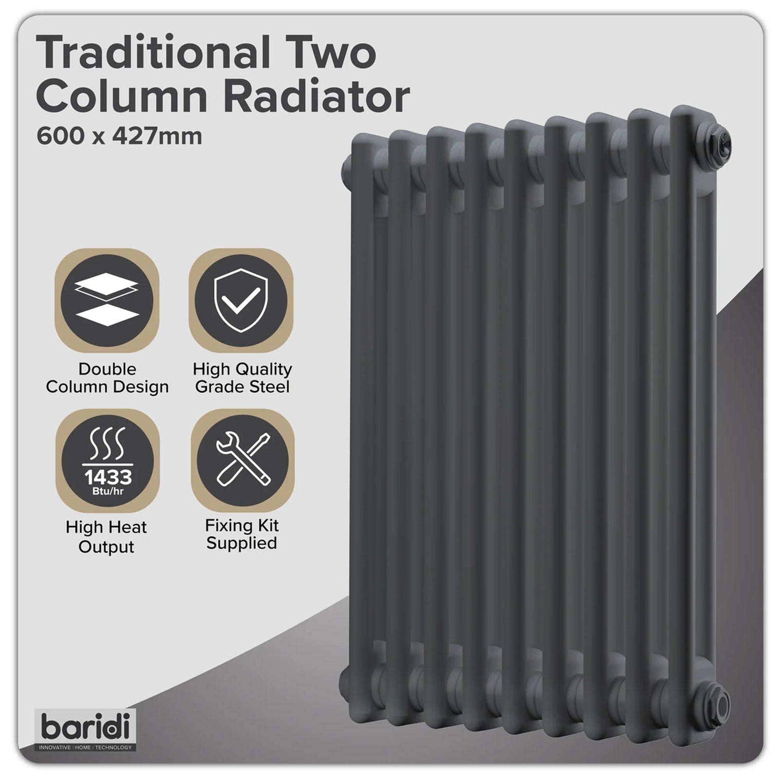 Baridi Horizontal Radiator 600x1190mm Double Flat Panel 1685W