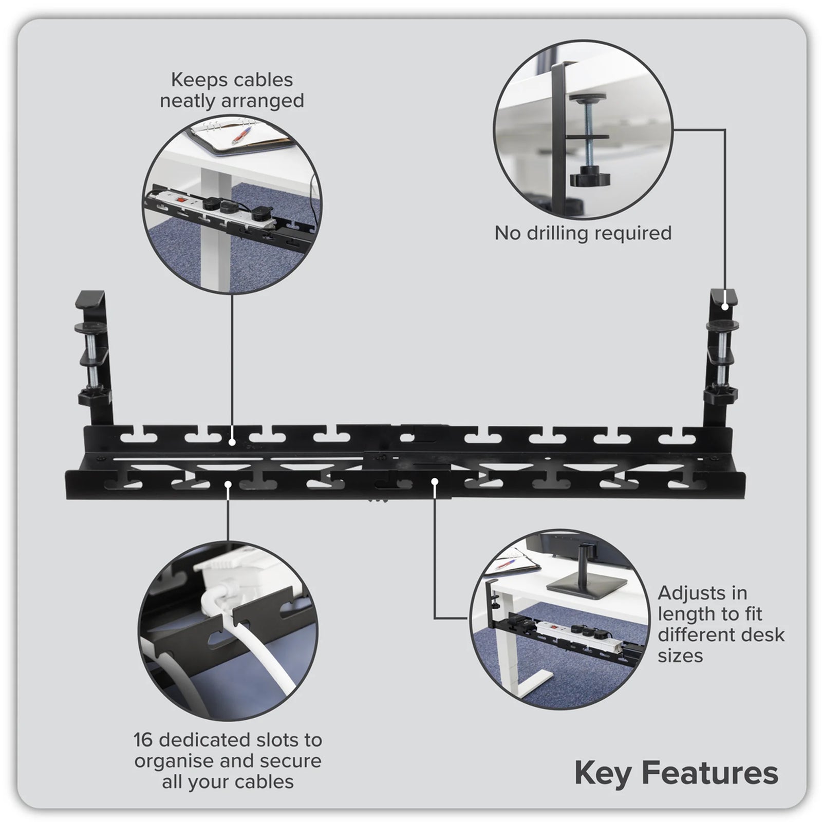Dellonda Cable Management Tray Extendable 435/730mm - Black