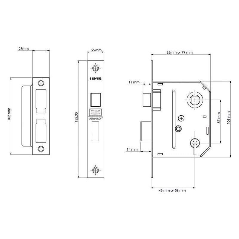 Union ES-SL Essentials 3 Lever Mortice Sashlock Chrome 65mm 2.5in Visi